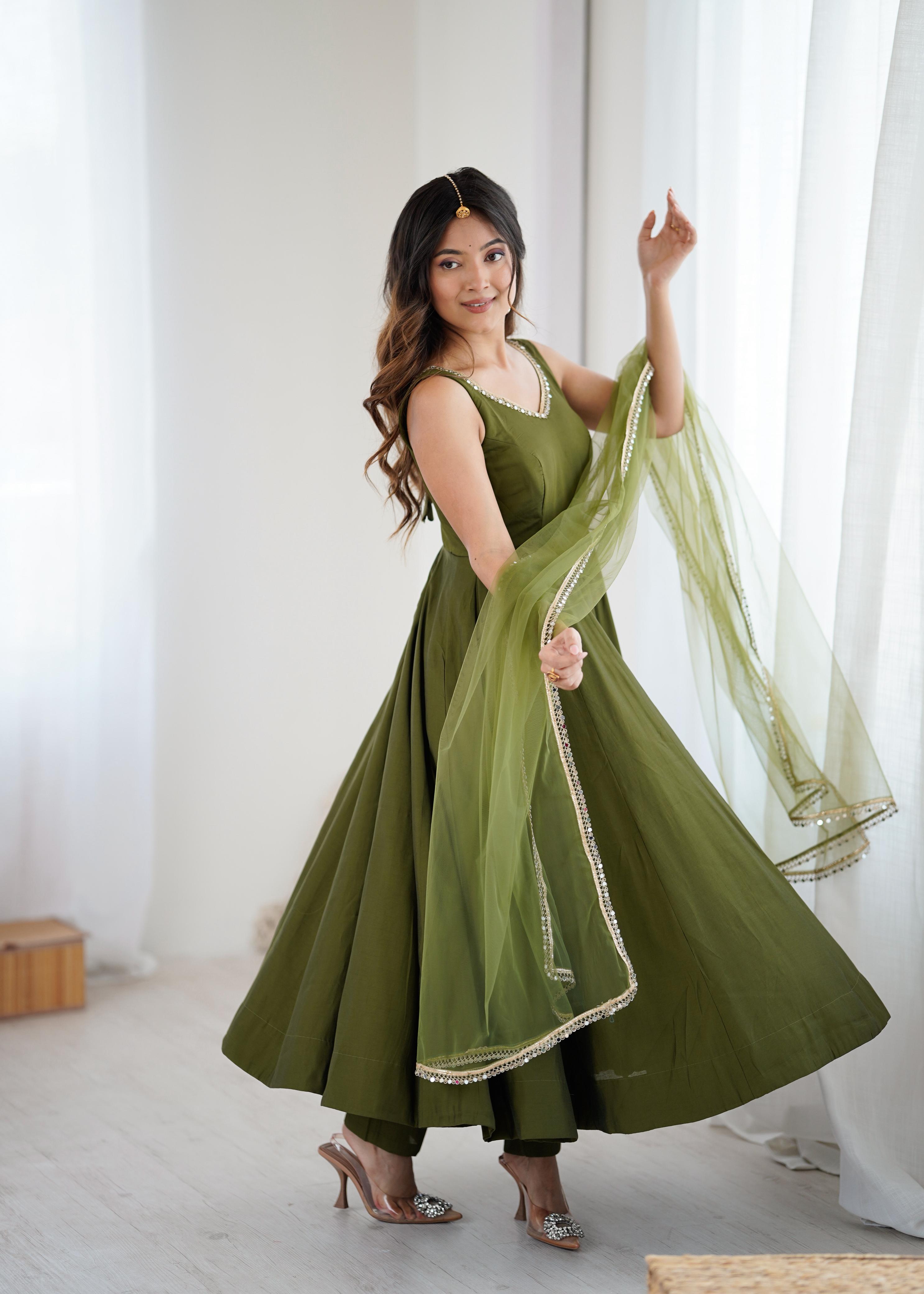 Mehendi Pure Roman Silk Chanderi Anarkali Suit Set With Huge Flair, Dupatta & Pant