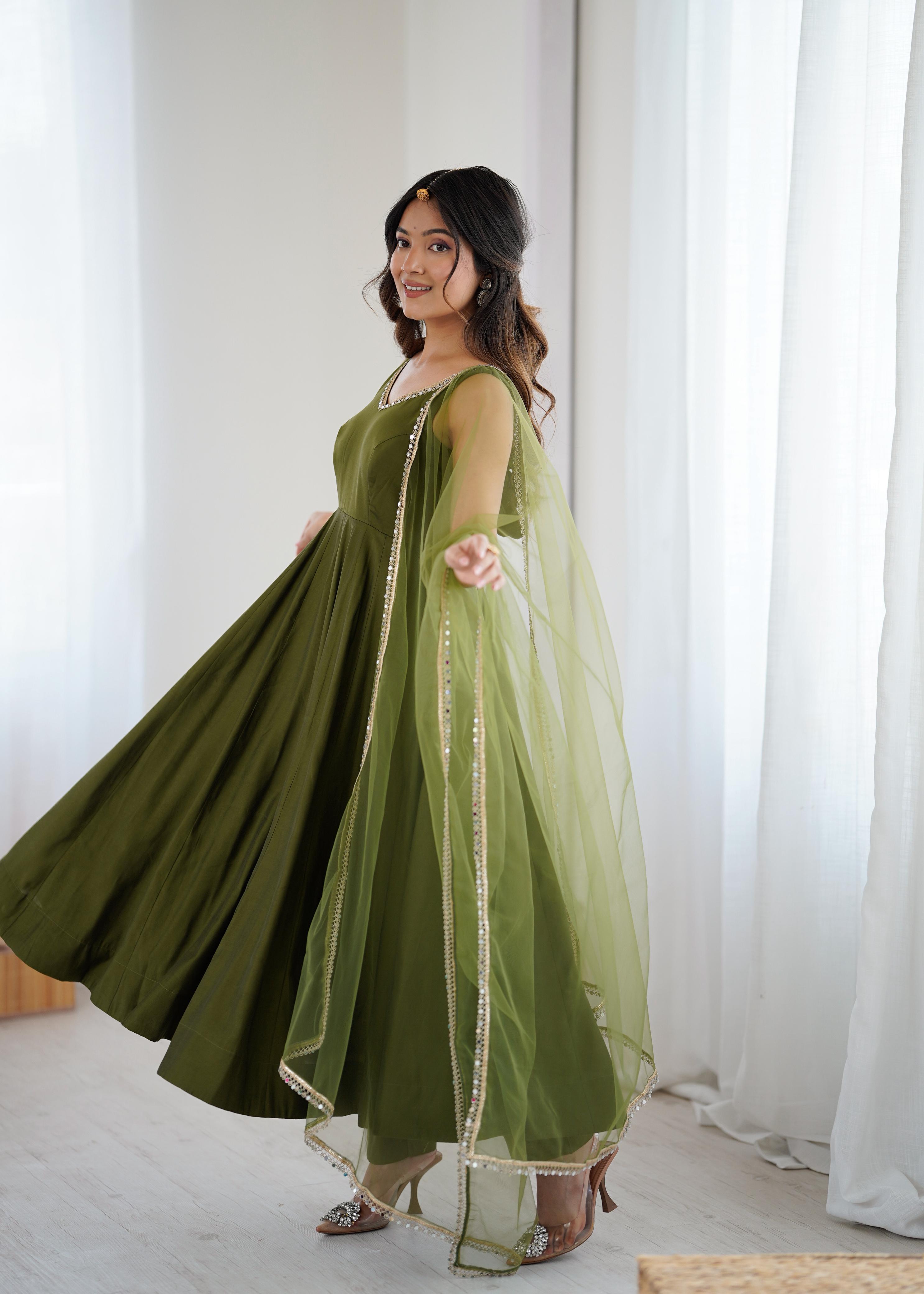 Mehendi Pure Roman Silk Chanderi Anarkali Suit Set With Huge Flair, Dupatta & Pant