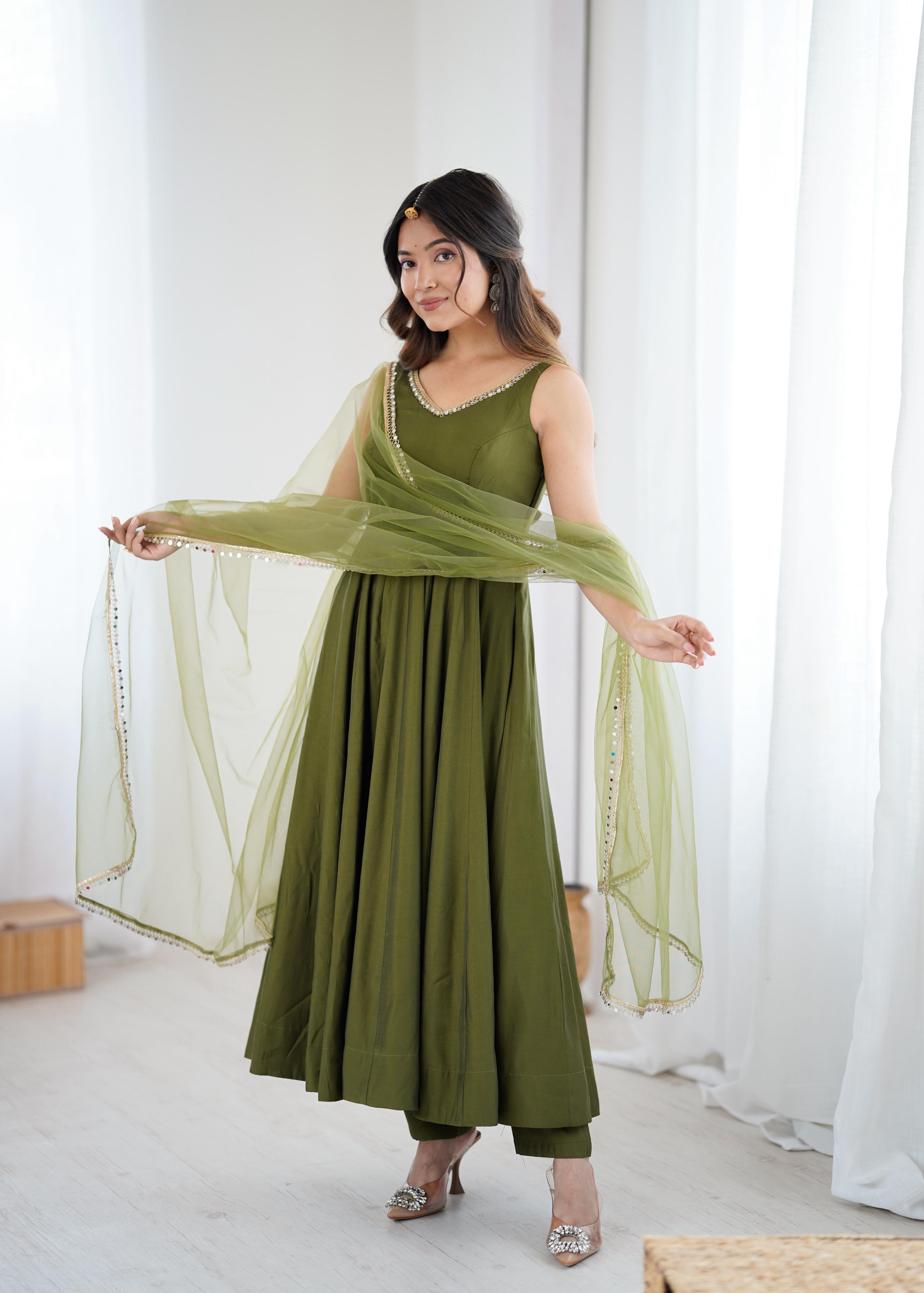 Mehendi Pure Roman Silk Chanderi Anarkali Suit Set With Huge Flair, Dupatta & Pant