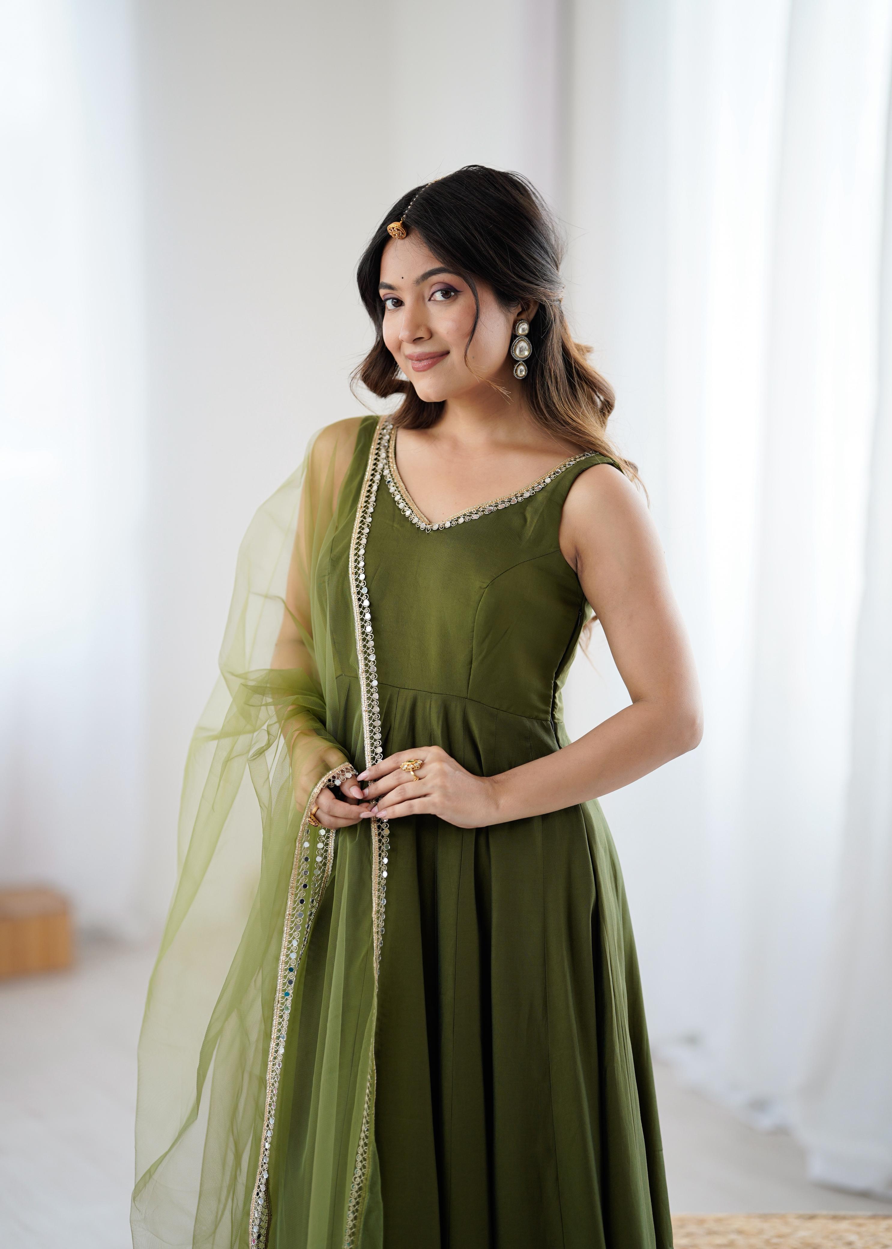 Mehendi Pure Roman Silk Chanderi Anarkali Suit Set With Huge Flair, Dupatta & Pant