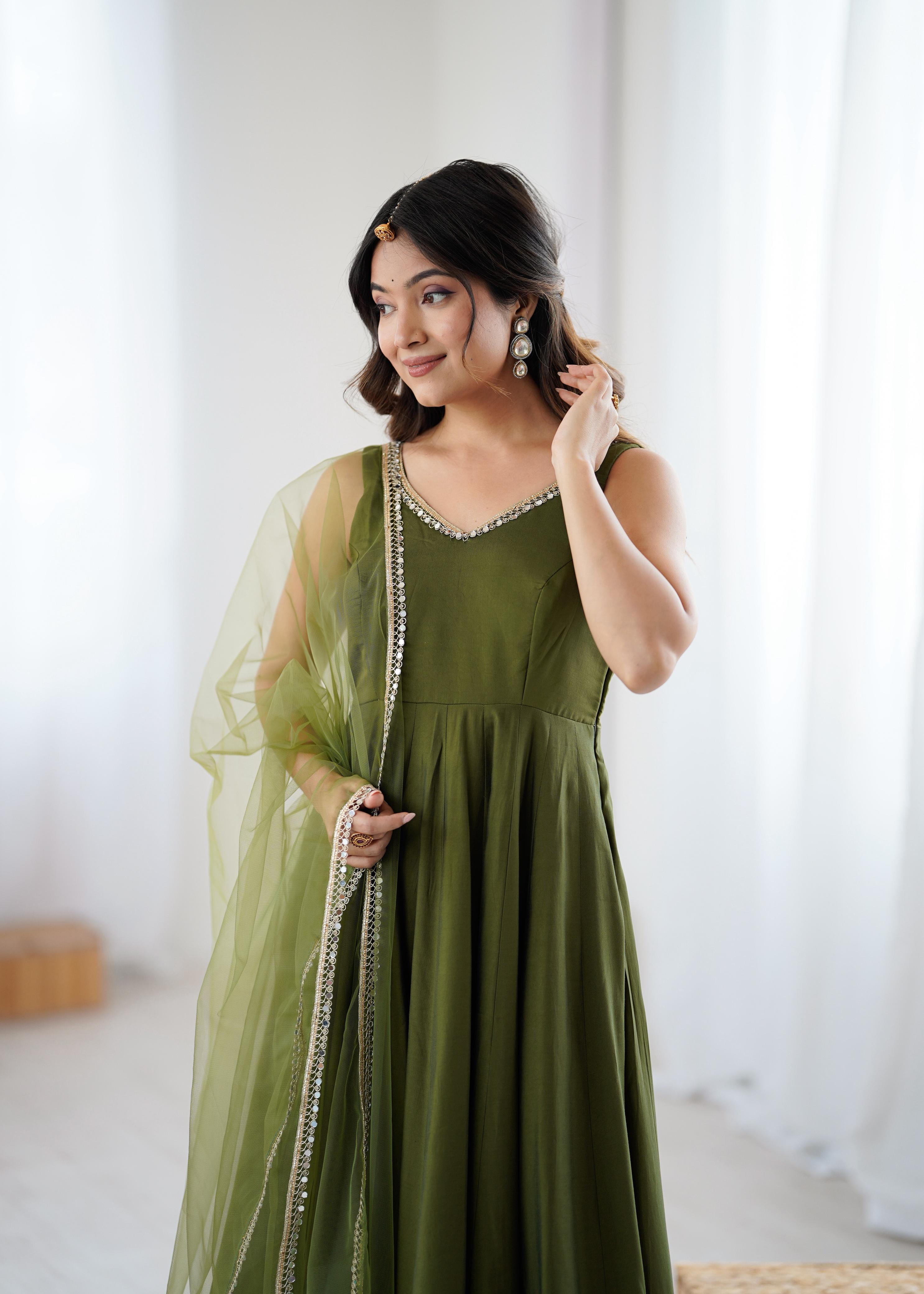 Mehendi Pure Roman Silk Chanderi Anarkali Suit Set With Huge Flair, Dupatta & Pant