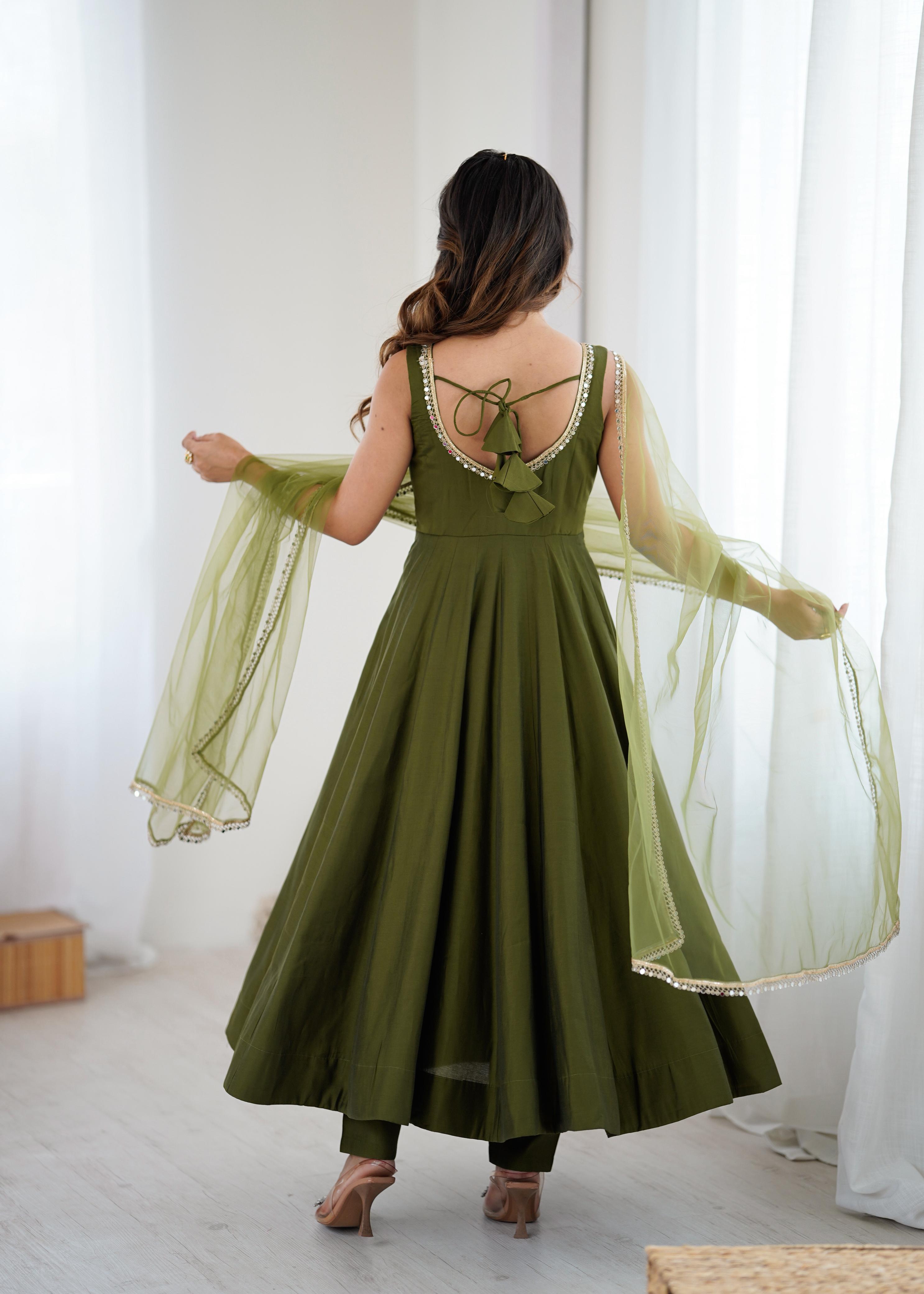 Mehendi Pure Roman Silk Chanderi Anarkali Suit Set With Huge Flair, Dupatta & Pant