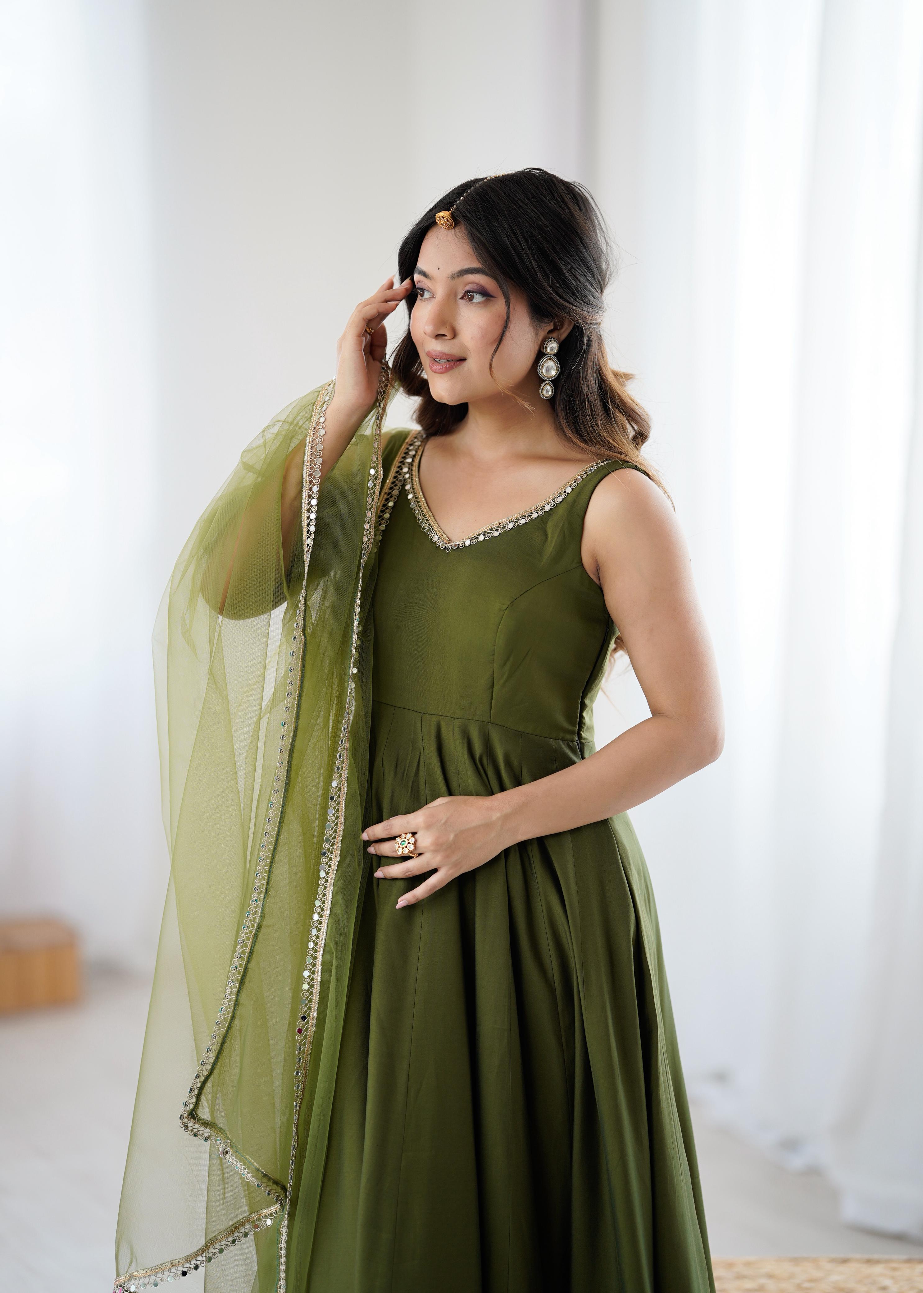 Mehendi Pure Roman Silk Chanderi Anarkali Suit Set With Huge Flair, Dupatta & Pant