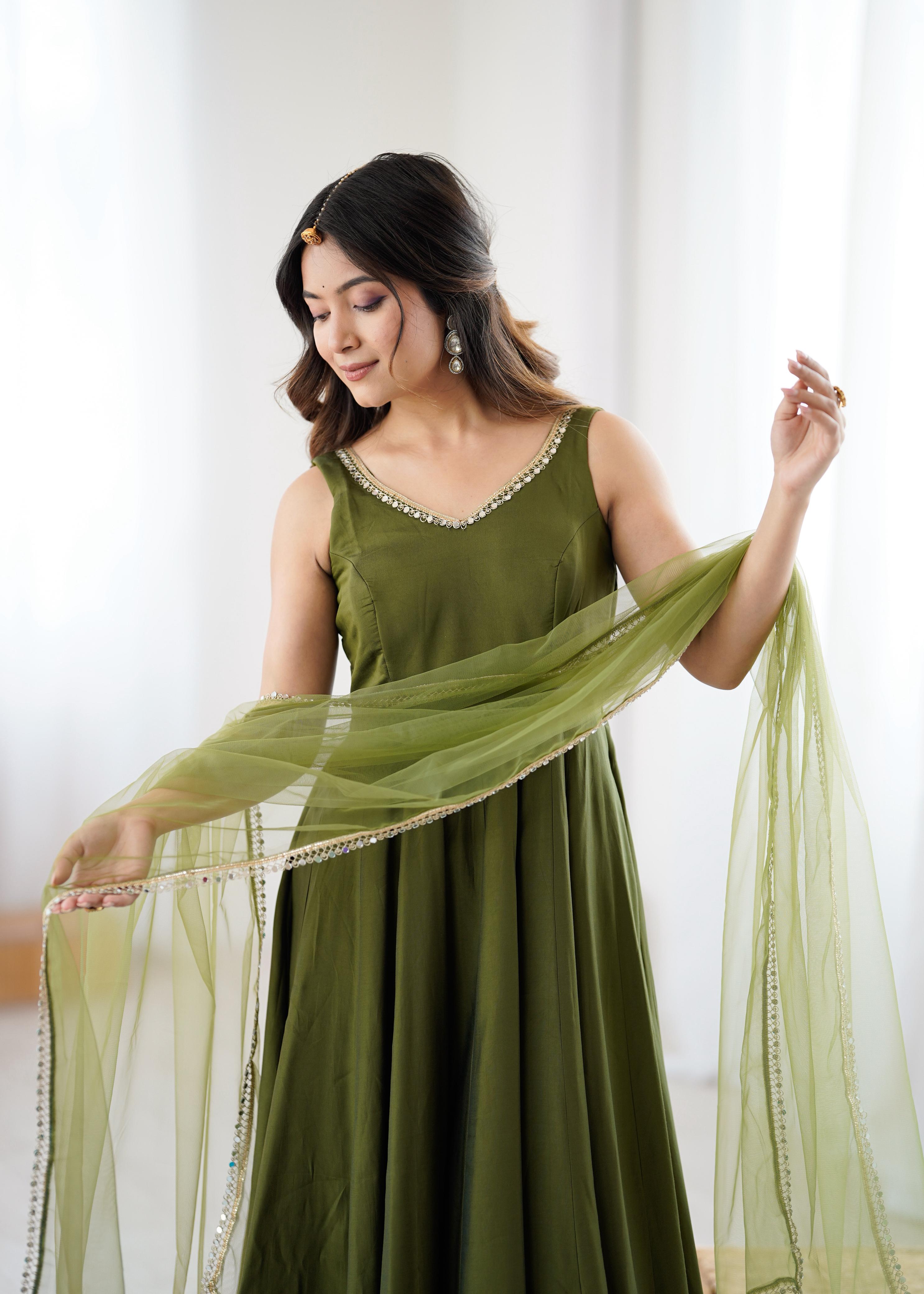 Mehendi Pure Roman Silk Chanderi Anarkali Suit Set With Huge Flair, Dupatta & Pant
