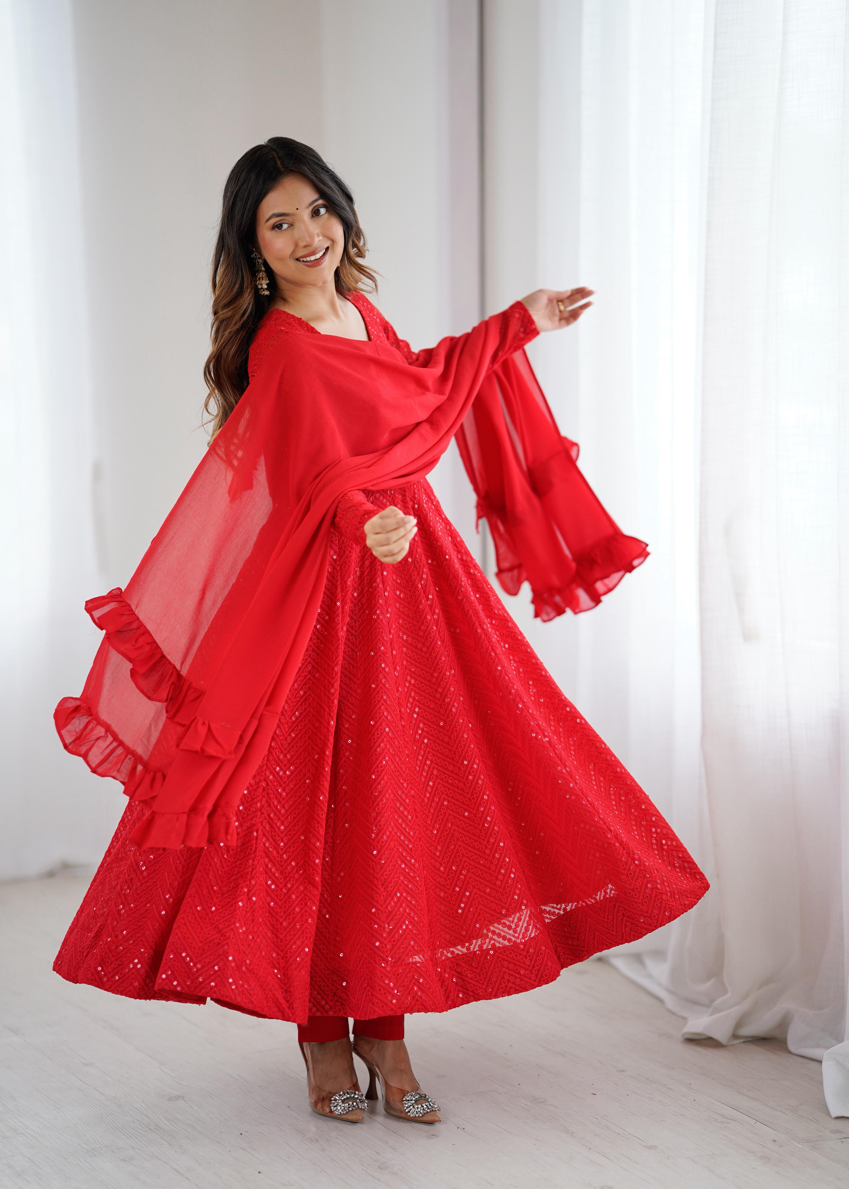 Red Pure Soft Fox Georgette Anarkali Suit Set With Huge Flair, Dupatta & Pant