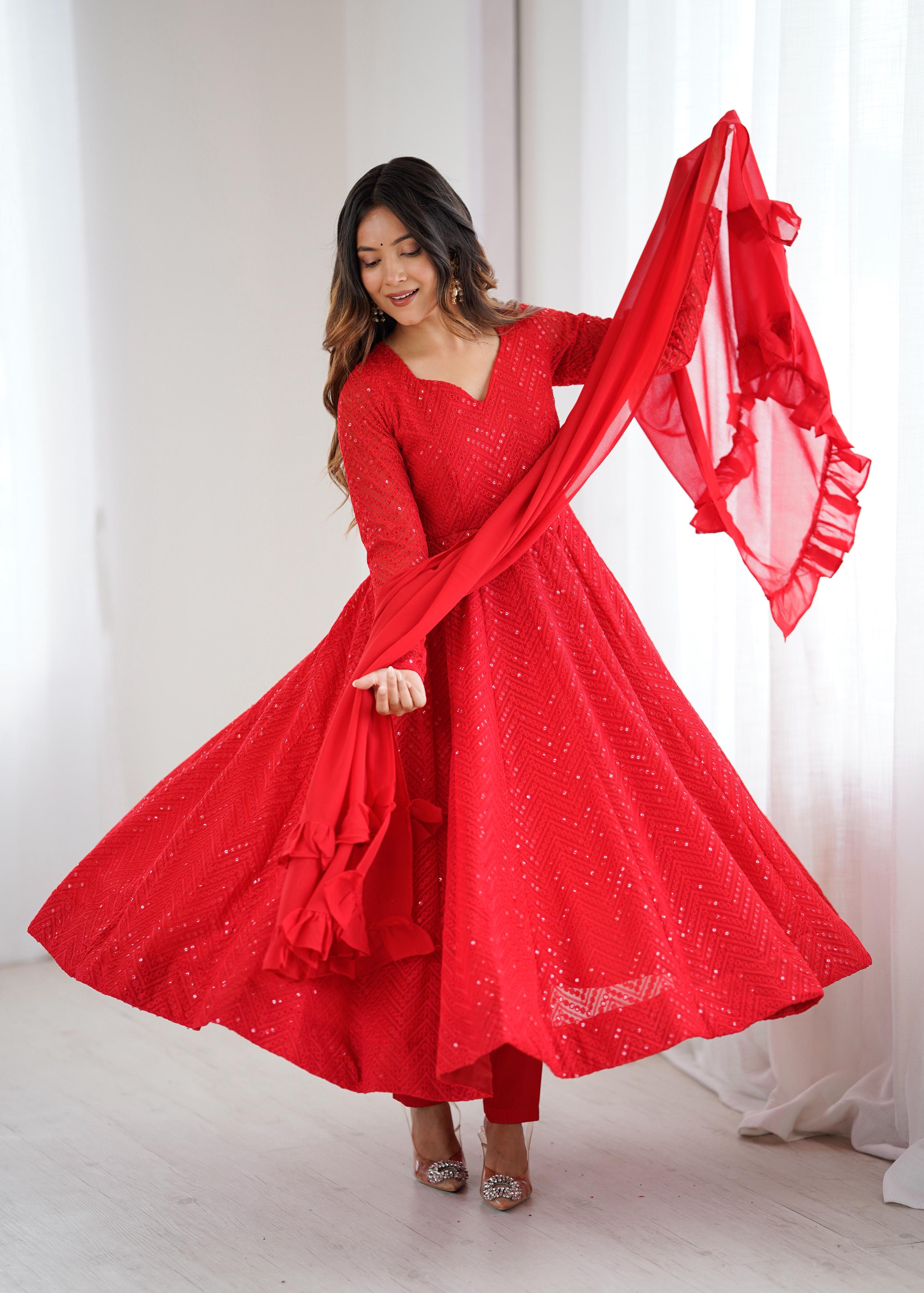 Red Pure Soft Fox Georgette Anarkali Suit Set With Huge Flair, Dupatta & Pant
