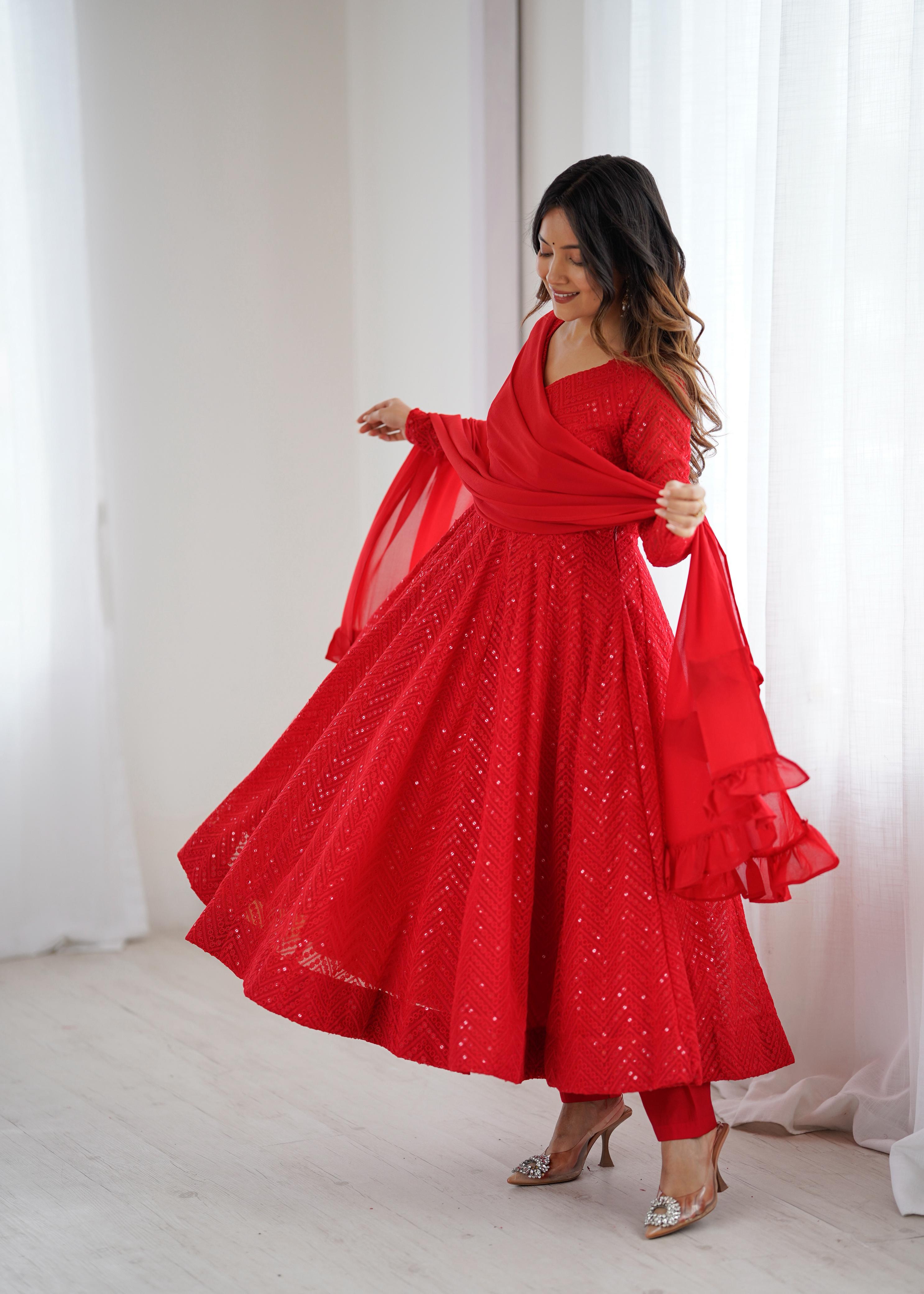 Red Pure Soft Fox Georgette Anarkali Suit Set With Huge Flair, Dupatta & Pant