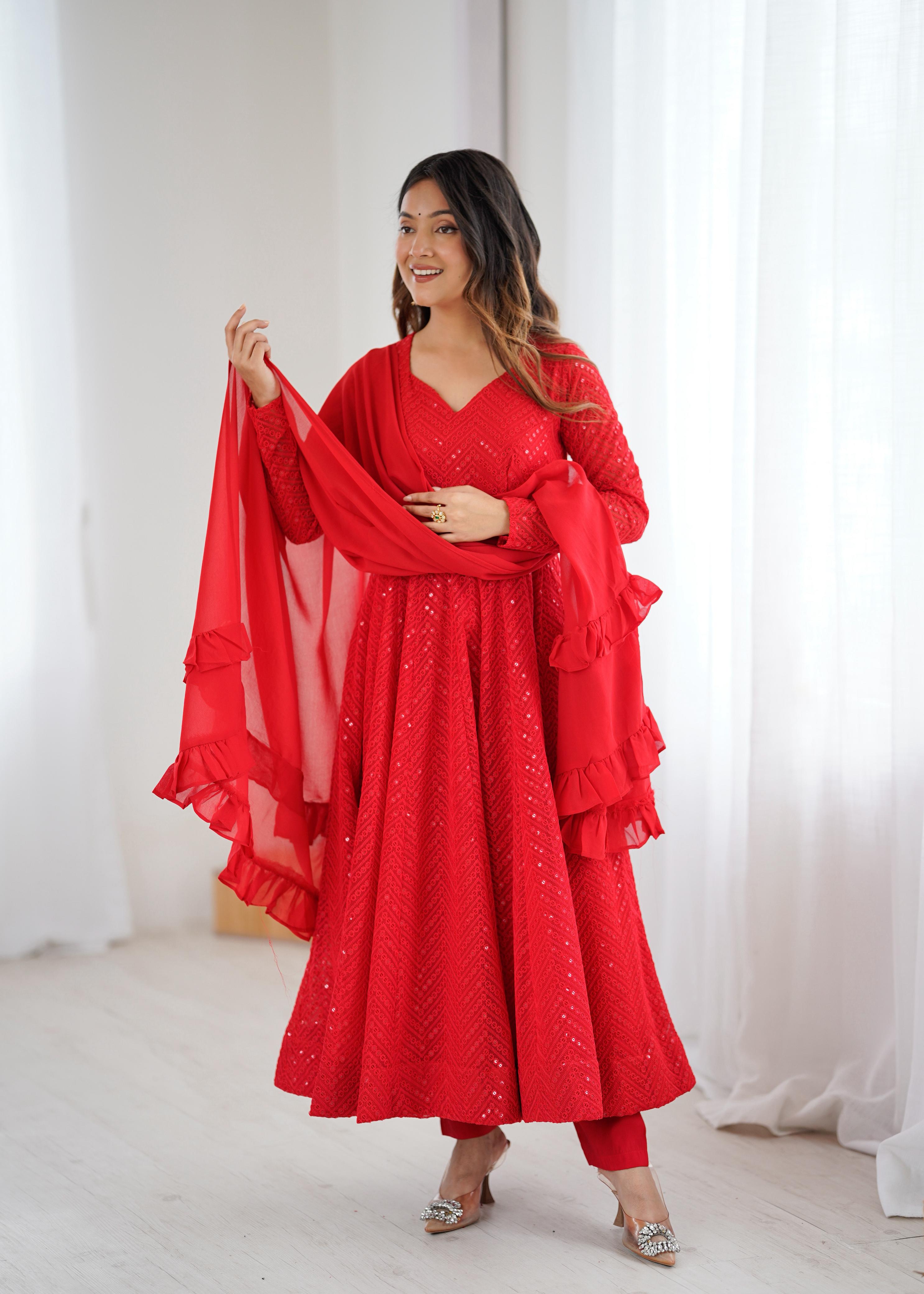 Red Pure Soft Fox Georgette Anarkali Suit Set With Huge Flair, Dupatta & Pant