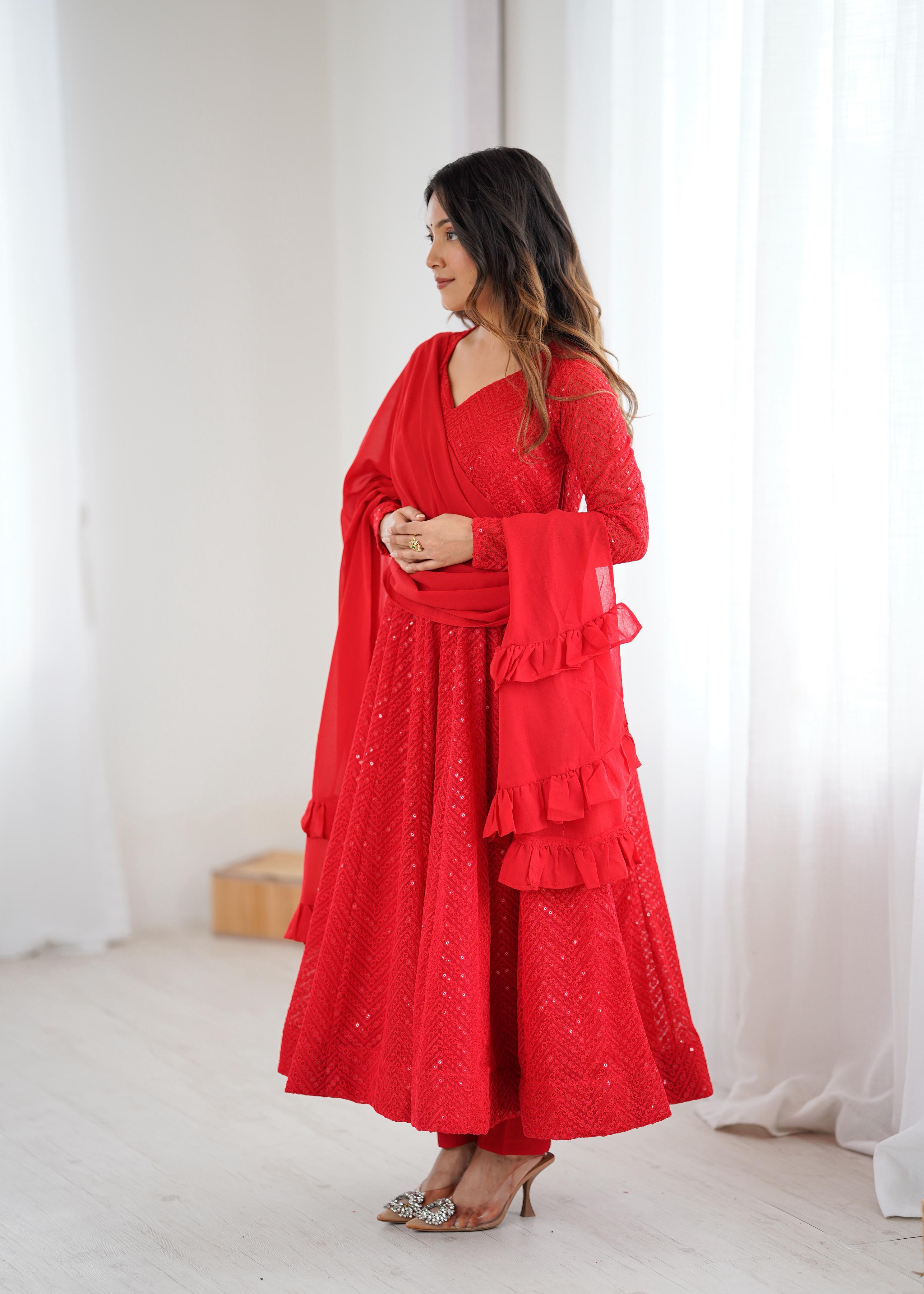 Red Pure Soft Fox Georgette Anarkali Suit Set With Huge Flair, Dupatta & Pant