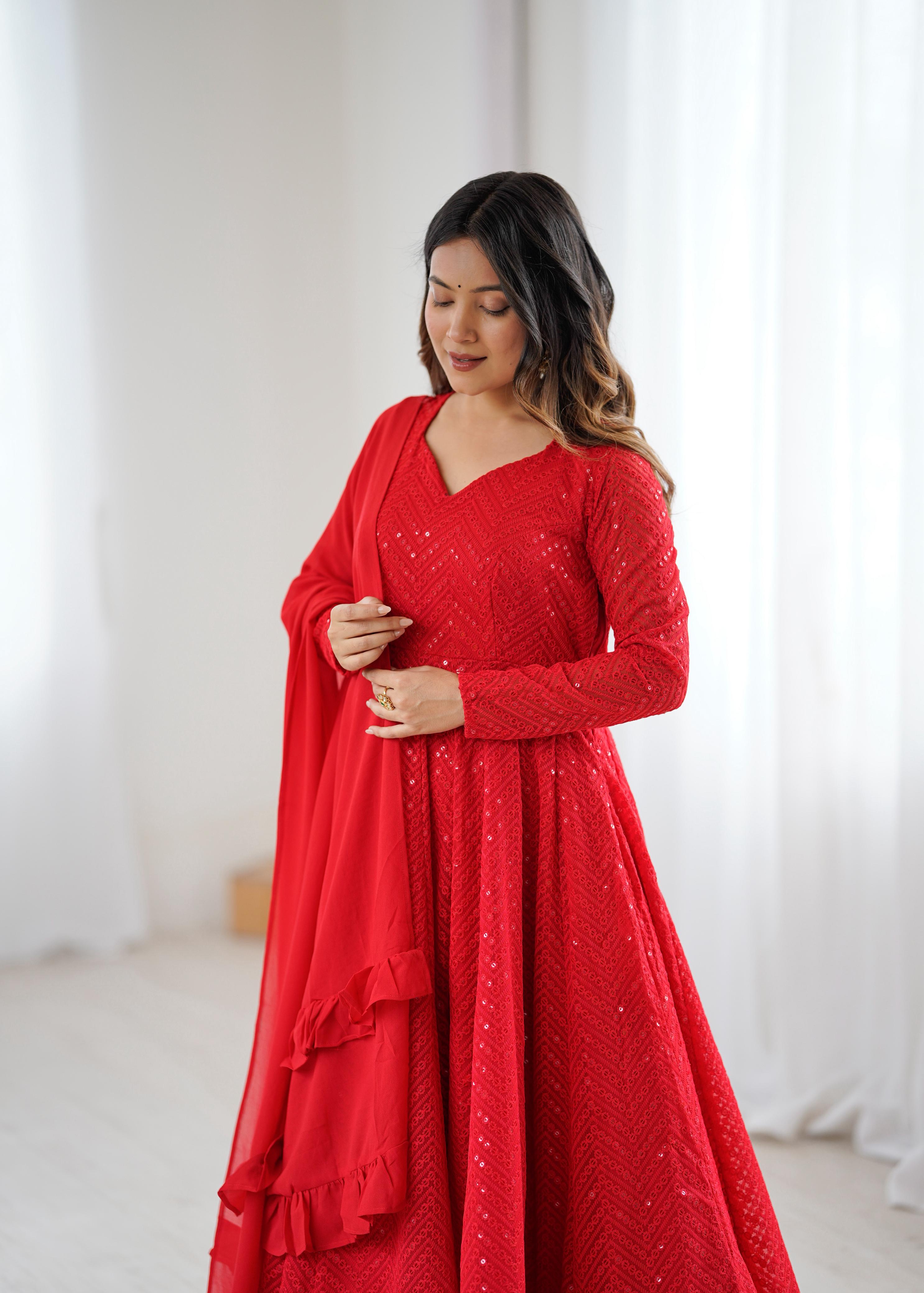 Red Pure Soft Fox Georgette Anarkali Suit Set With Huge Flair, Dupatta & Pant