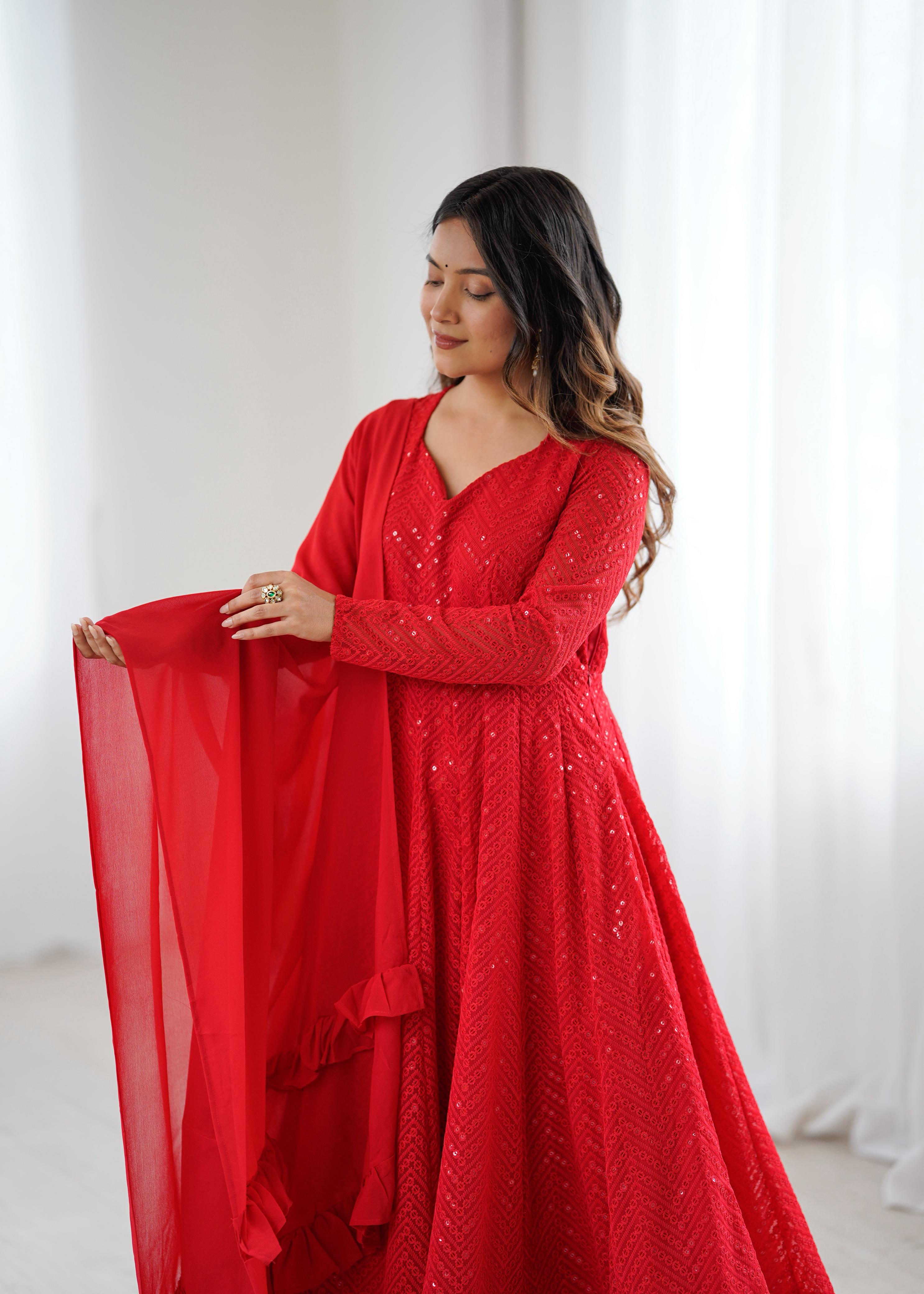 Red Pure Soft Fox Georgette Anarkali Suit Set With Huge Flair, Dupatta & Pant
