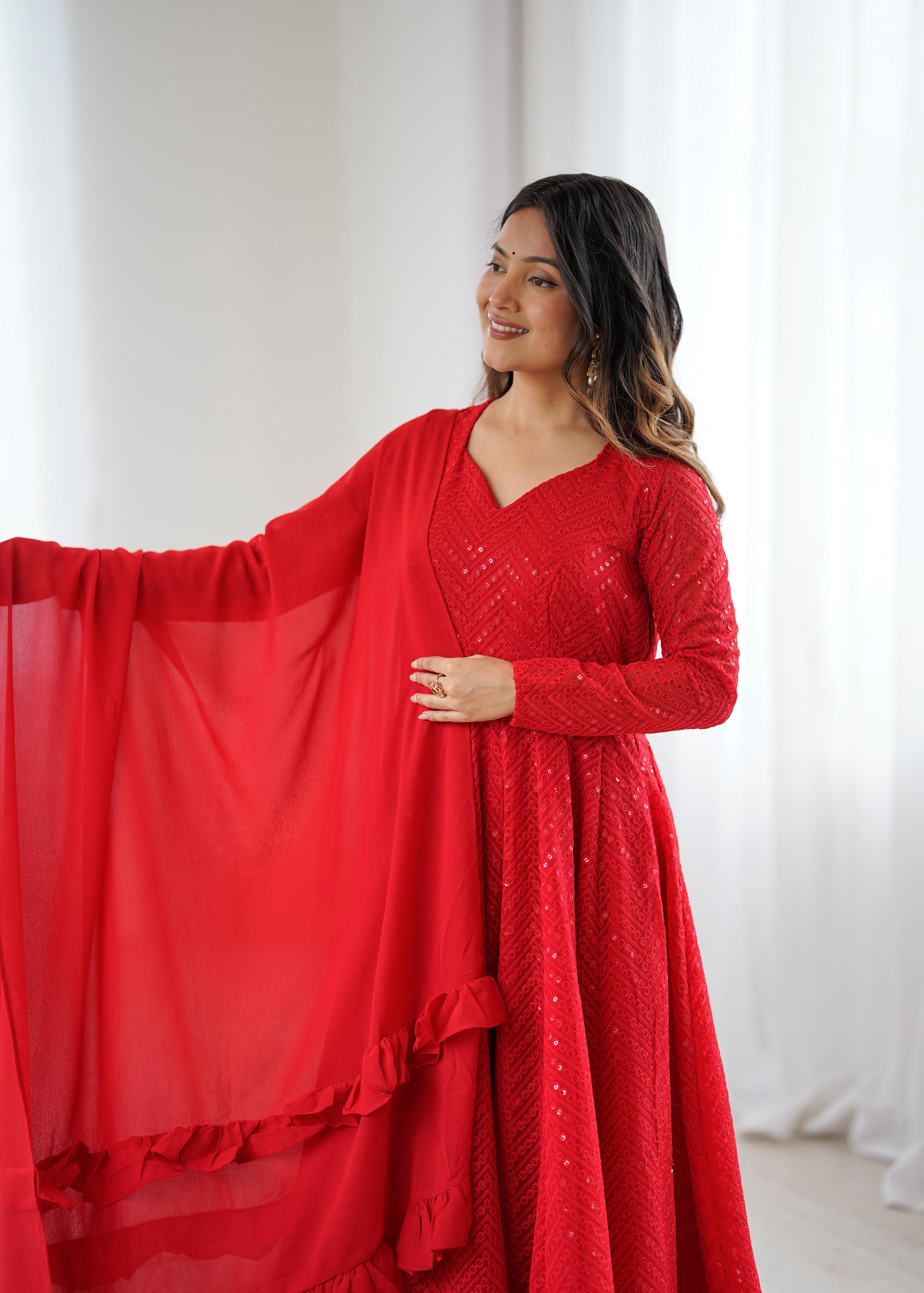 Red Pure Soft Fox Georgette Anarkali Suit Set With Huge Flair, Dupatta & Pant
