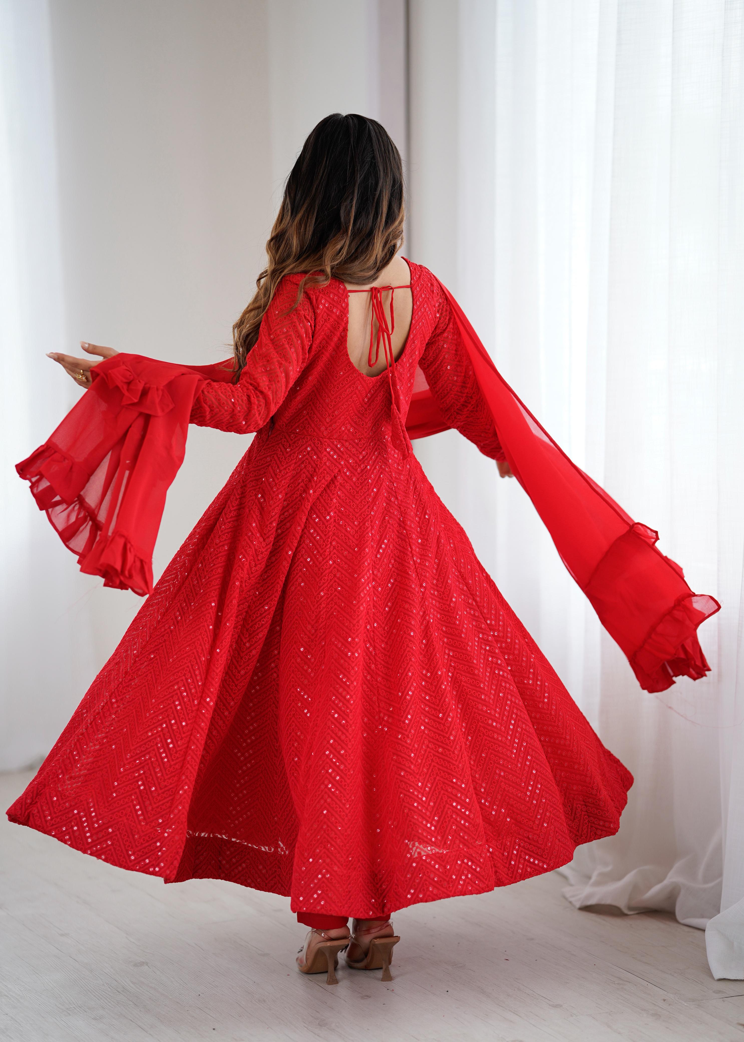 Red Pure Soft Fox Georgette Anarkali Suit Set With Huge Flair, Dupatta & Pant