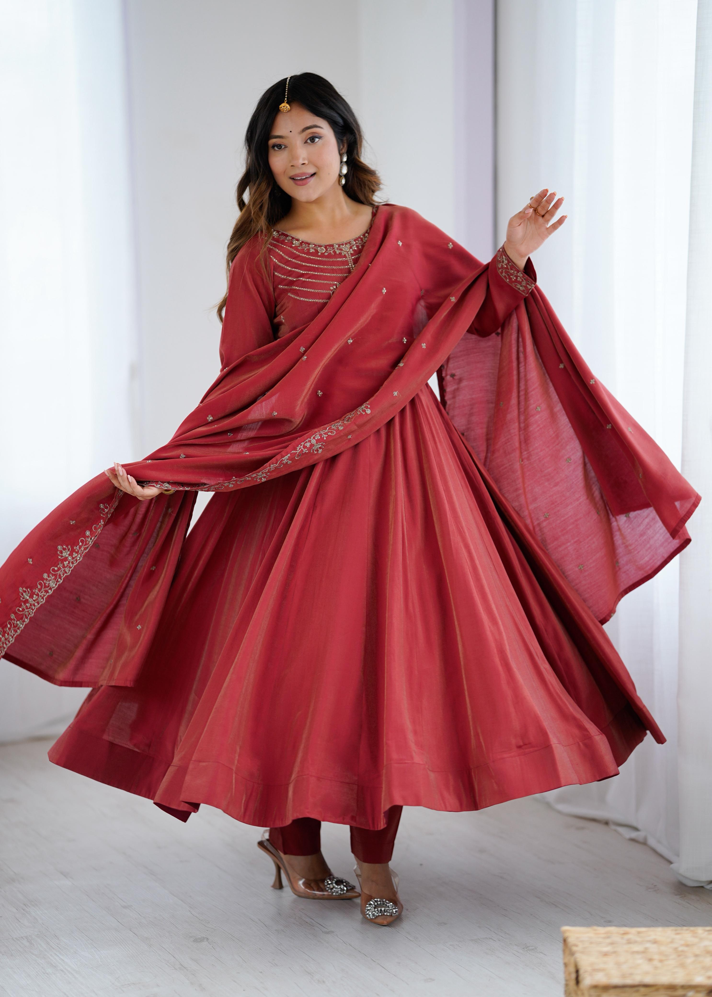 Maroon Pure Roman Shimmer Chanderi Silk Anarkali Suit Set With Huge Flair, Dupatta & Pant