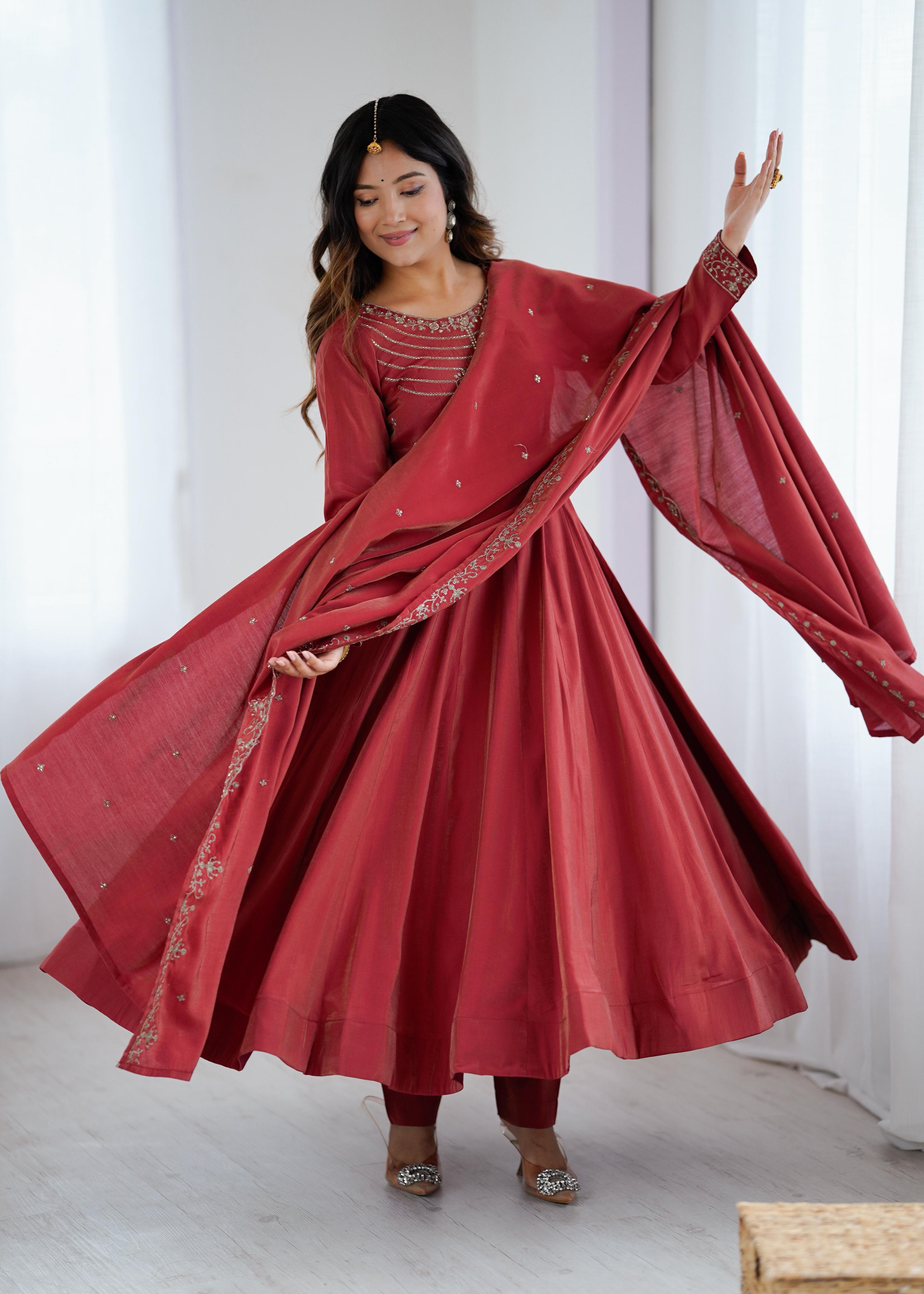 Maroon Pure Roman Shimmer Chanderi Silk Anarkali Suit Set With Huge Flair, Dupatta & Pant