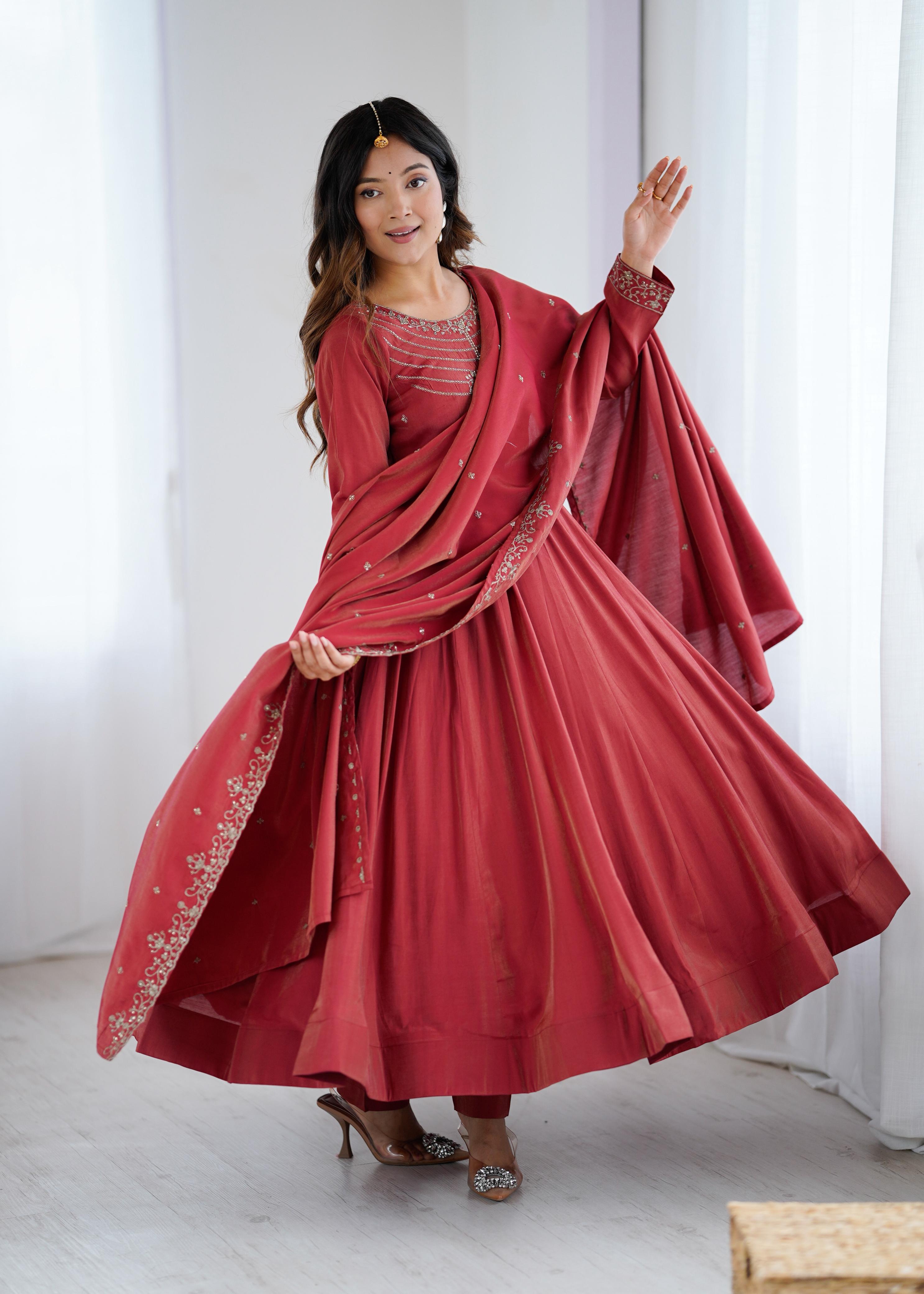 Maroon Pure Roman Shimmer Chanderi Silk Anarkali Suit Set With Huge Flair, Dupatta & Pant