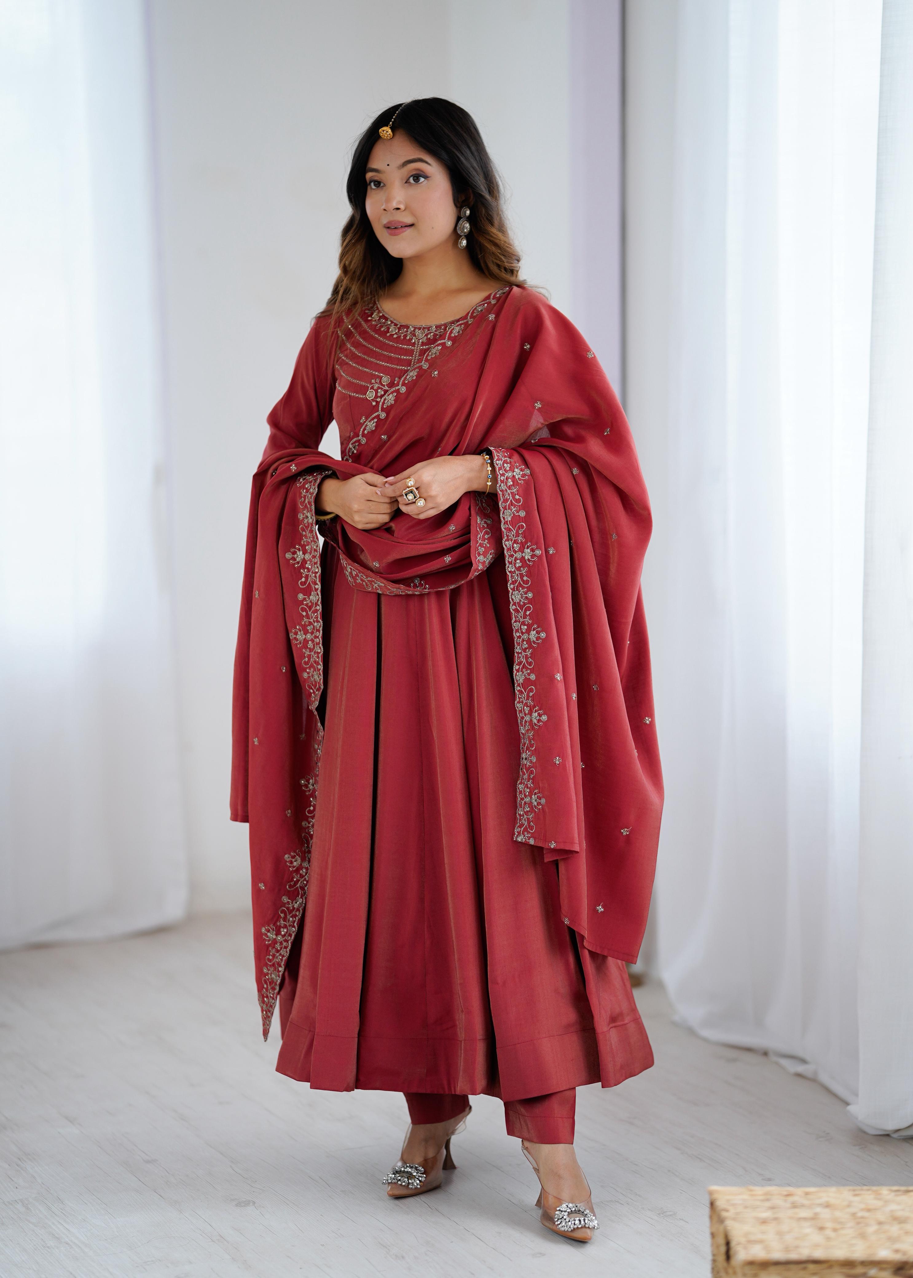 Maroon Pure Roman Shimmer Chanderi Silk Anarkali Suit Set With Huge Flair, Dupatta & Pant