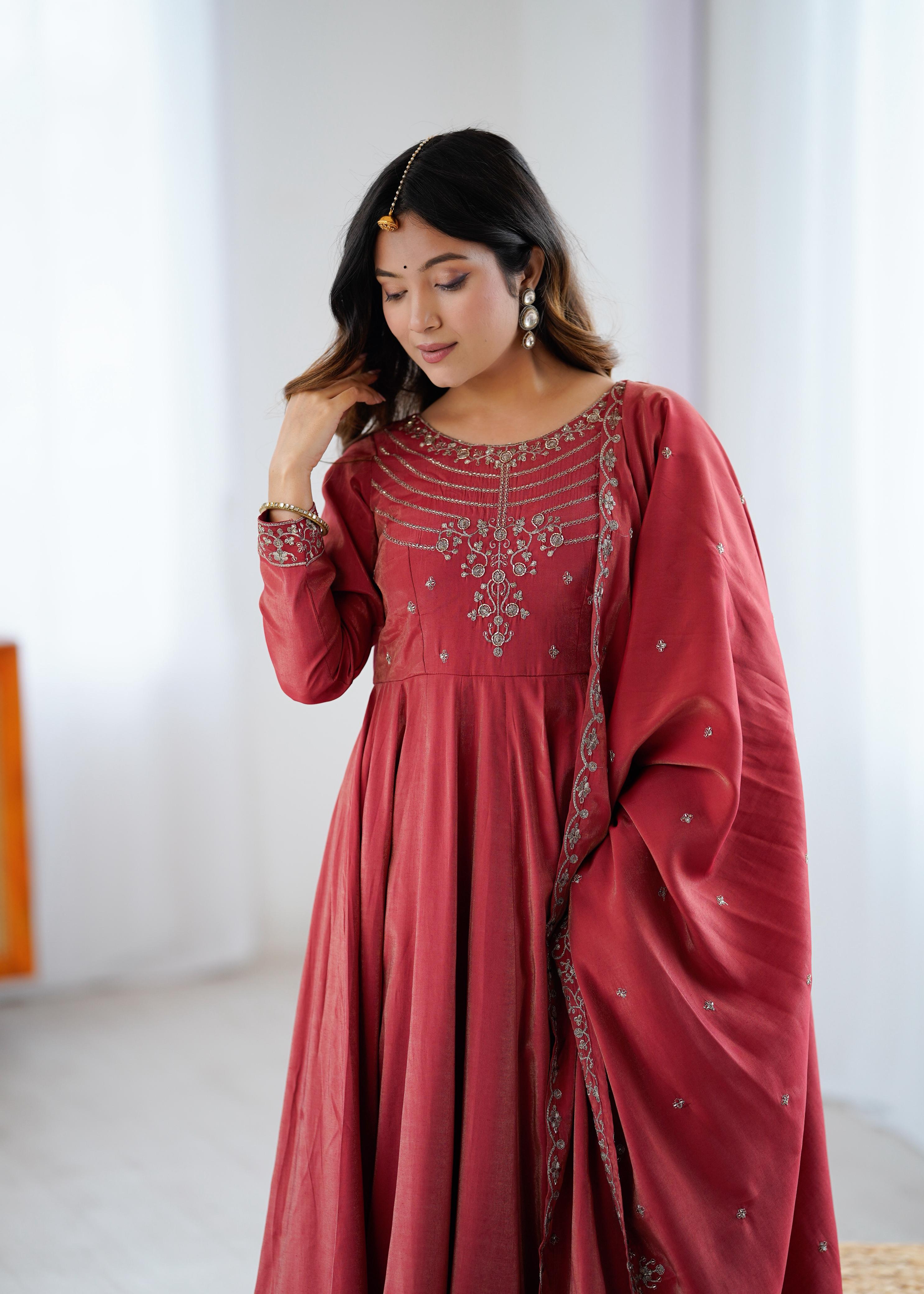 Maroon Pure Roman Shimmer Chanderi Silk Anarkali Suit Set With Huge Flair, Dupatta & Pant