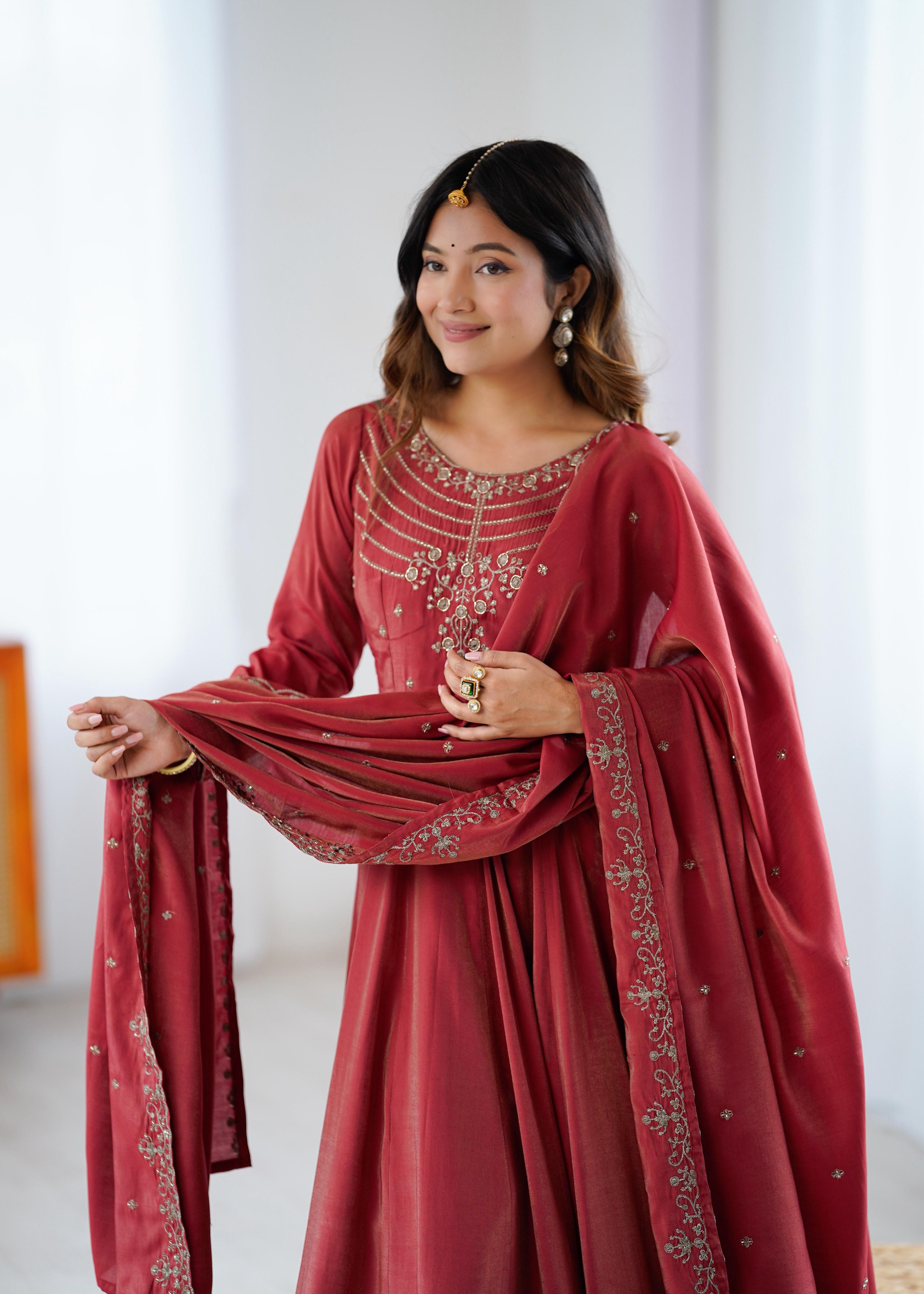 Maroon Pure Roman Shimmer Chanderi Silk Anarkali Suit Set With Huge Flair, Dupatta & Pant