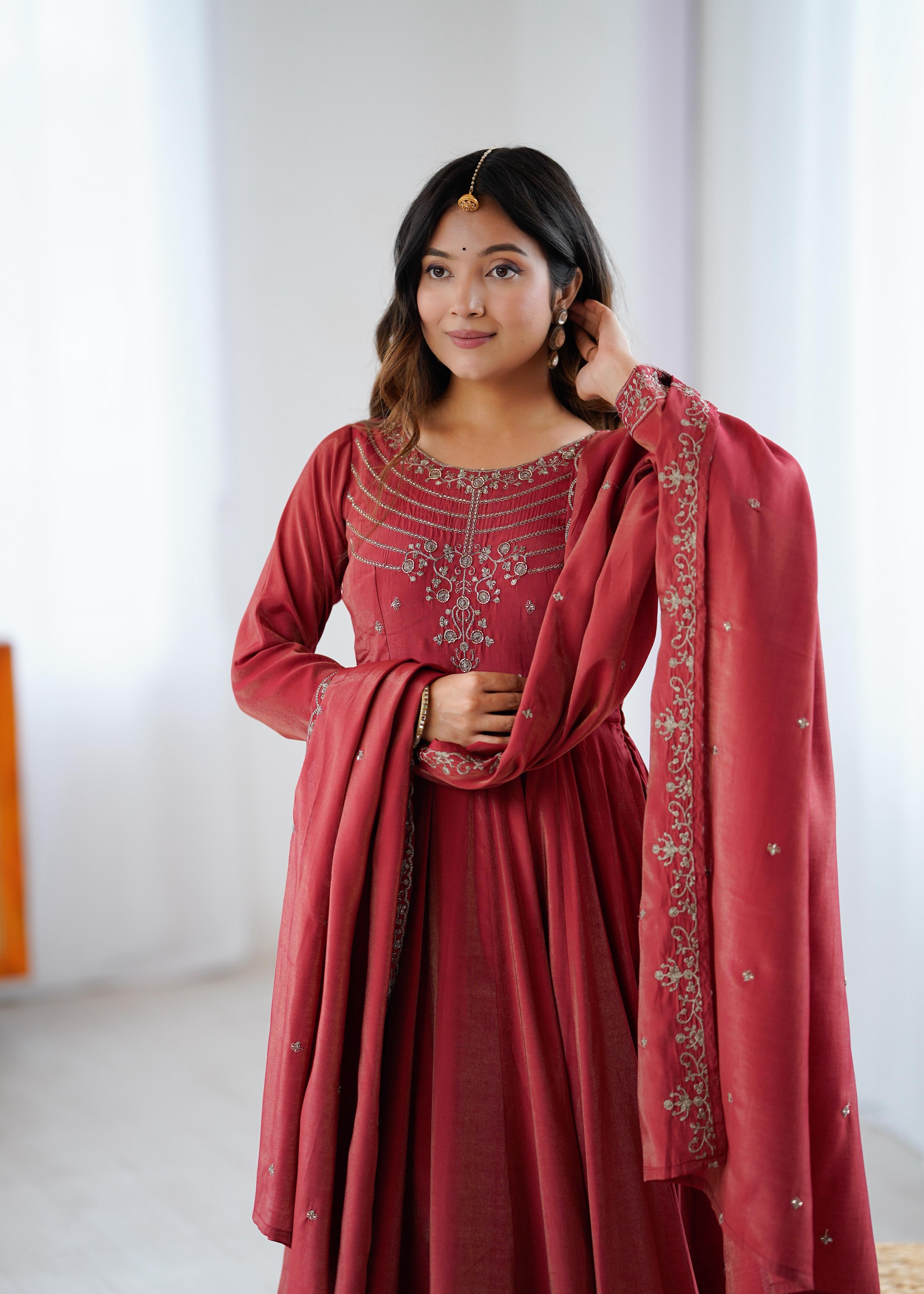 Maroon Pure Roman Shimmer Chanderi Silk Anarkali Suit Set With Huge Flair, Dupatta & Pant