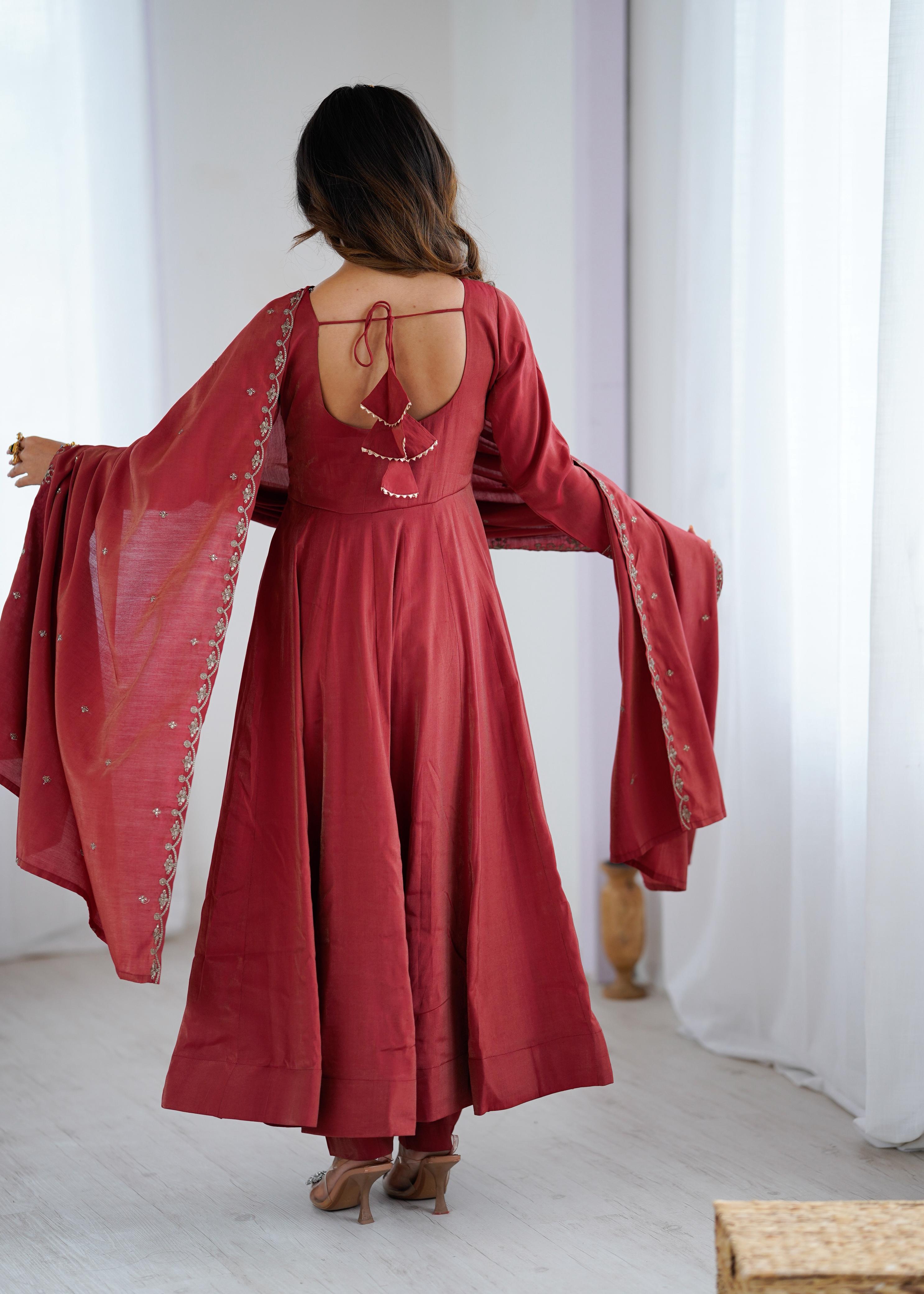 Maroon Pure Roman Shimmer Chanderi Silk Anarkali Suit Set With Huge Flair, Dupatta & Pant