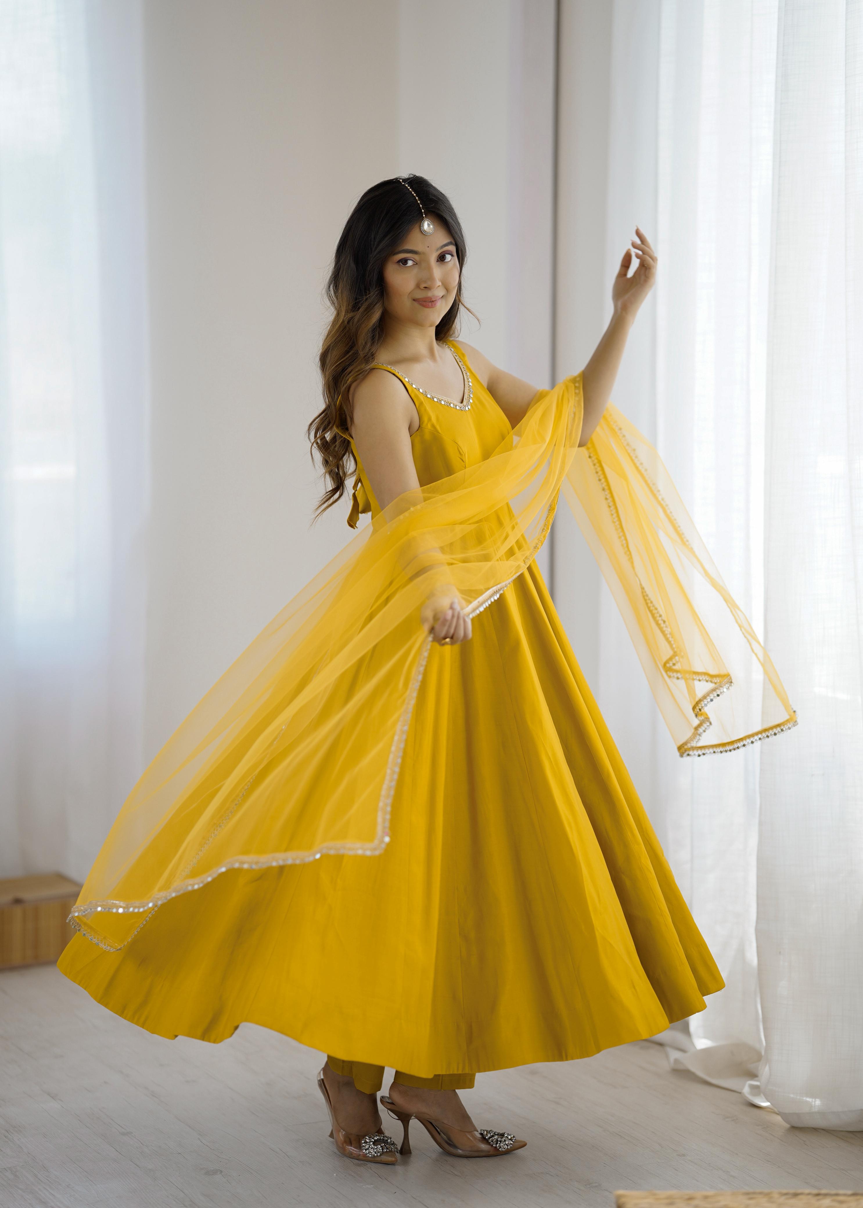 Yellow Pure Roman Silk Chanderi Anarkali Suit Set With Huge Flair, Dupatta & Pant