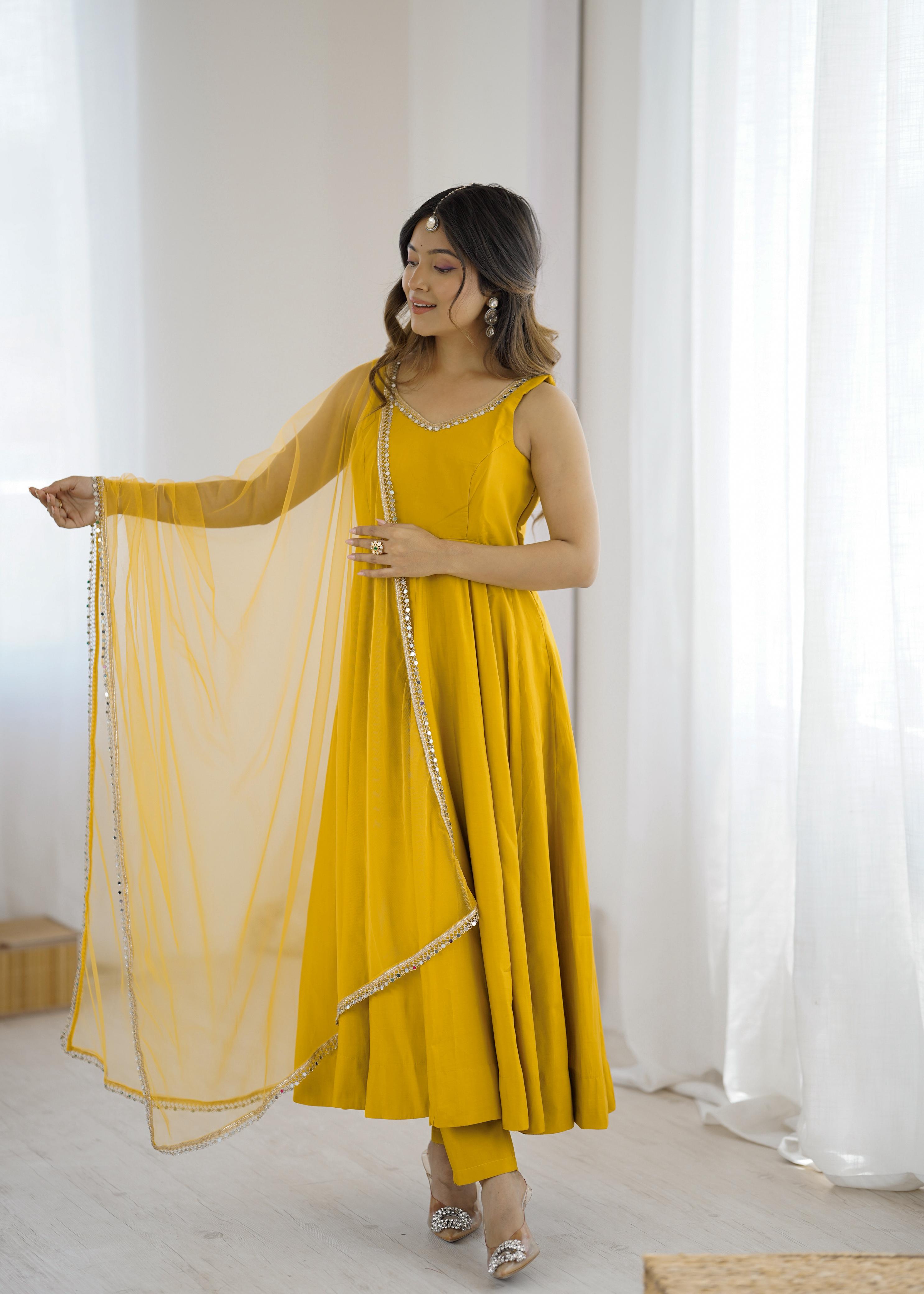 Yellow Pure Roman Silk Chanderi Anarkali Suit Set With Huge Flair, Dupatta & Pant