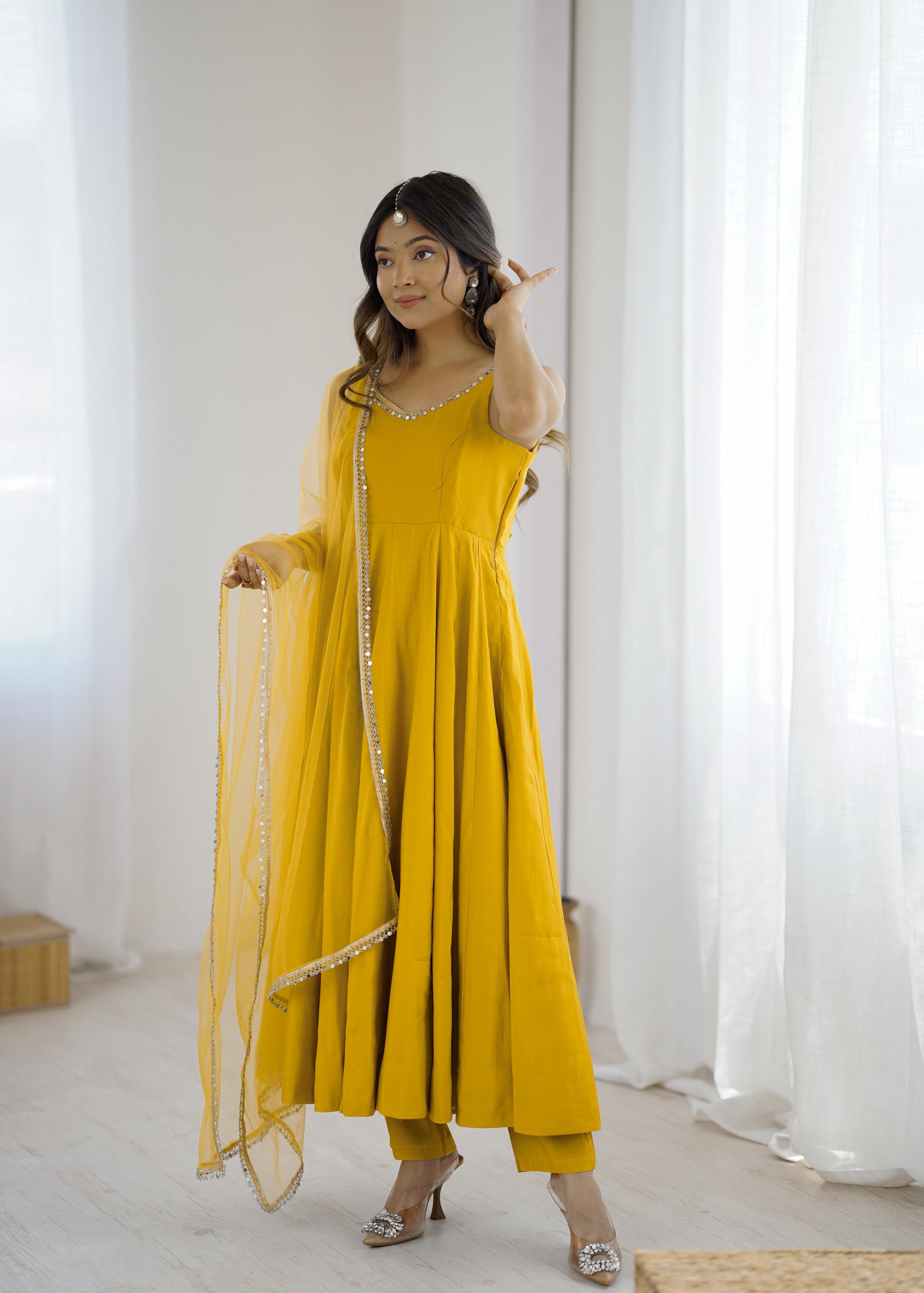 Yellow Pure Roman Silk Chanderi Anarkali Suit Set With Huge Flair, Dupatta & Pant