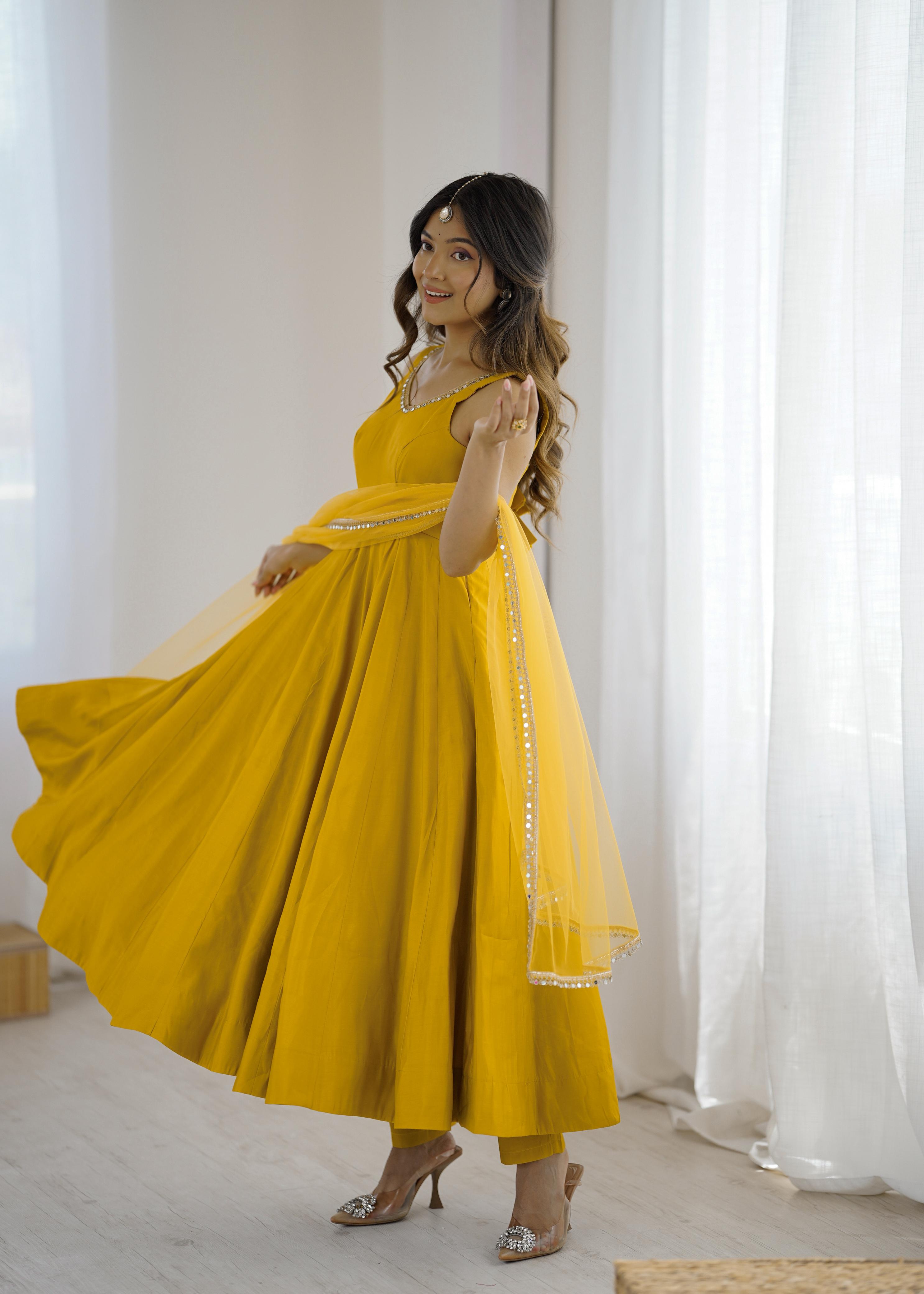Yellow Pure Roman Silk Chanderi Anarkali Suit Set With Huge Flair, Dupatta & Pant