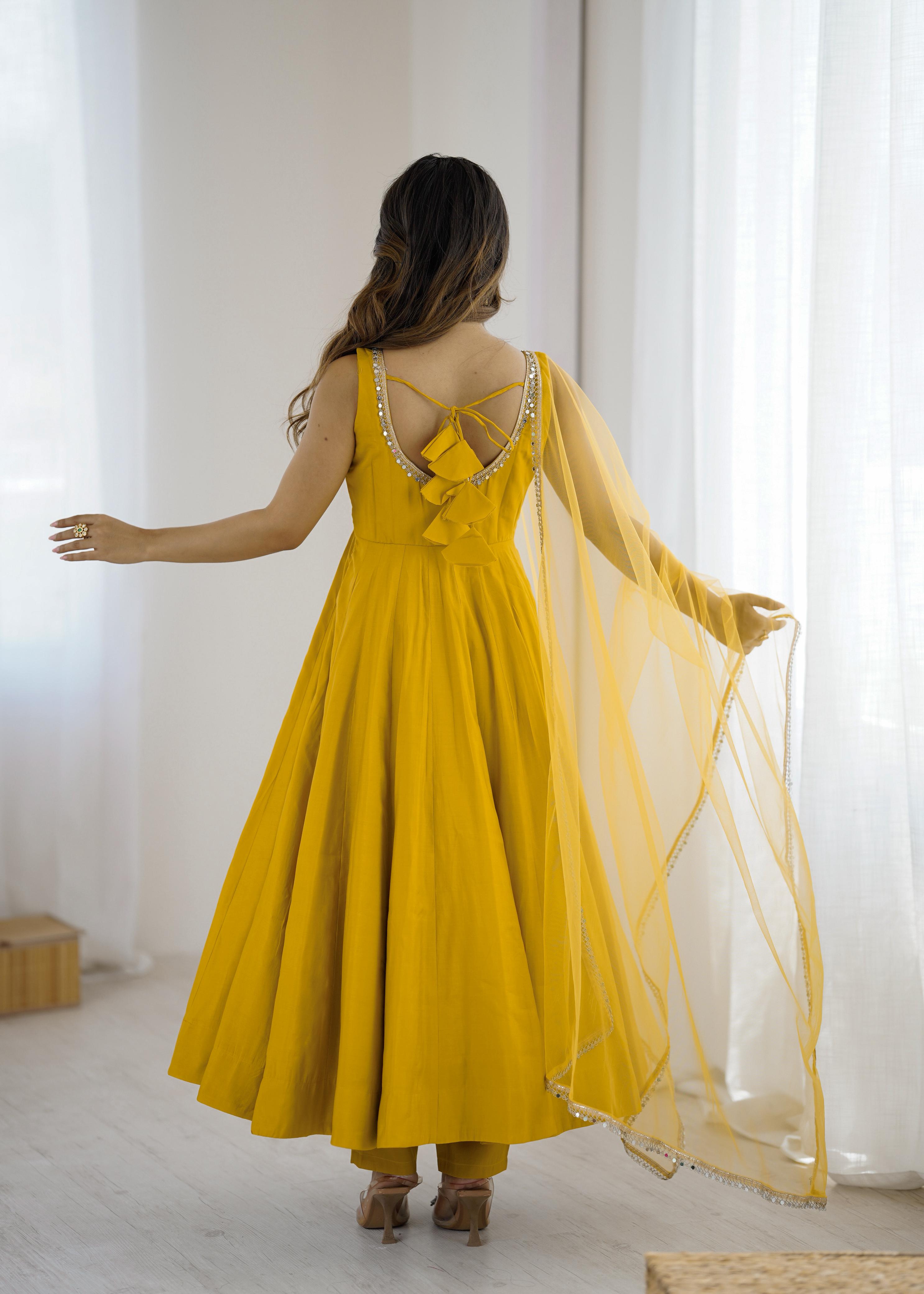 Yellow Pure Roman Silk Chanderi Anarkali Suit Set With Huge Flair, Dupatta & Pant
