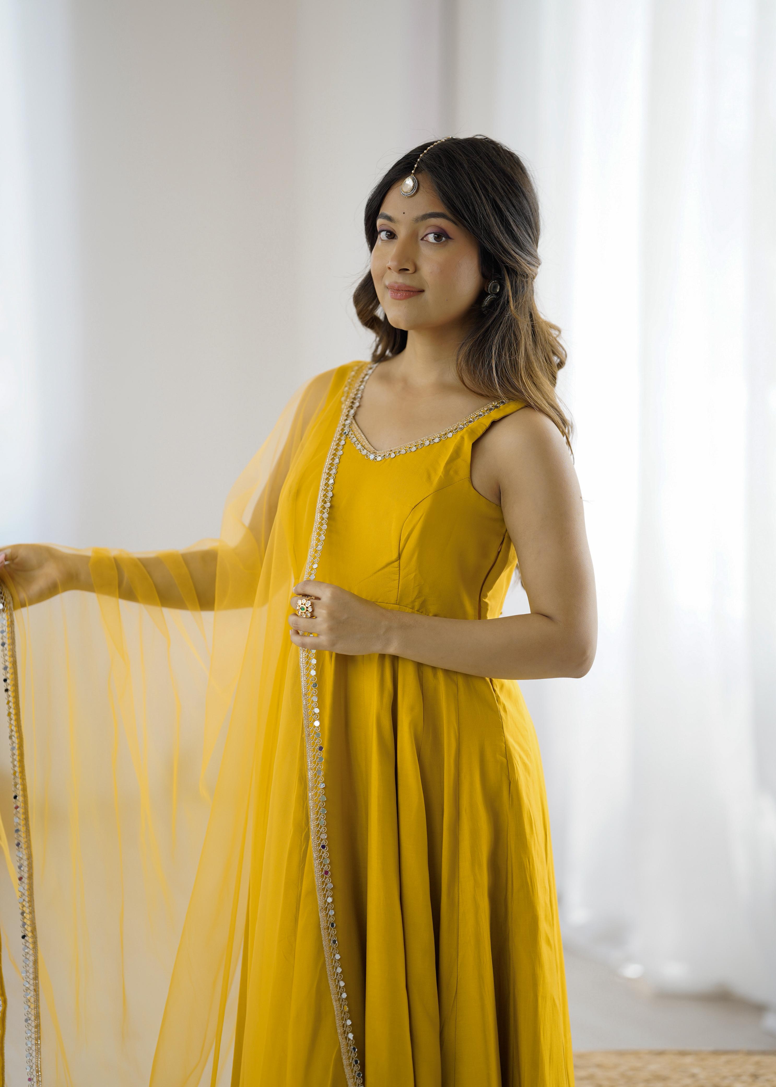 Yellow Pure Roman Silk Chanderi Anarkali Suit Set With Huge Flair, Dupatta & Pant