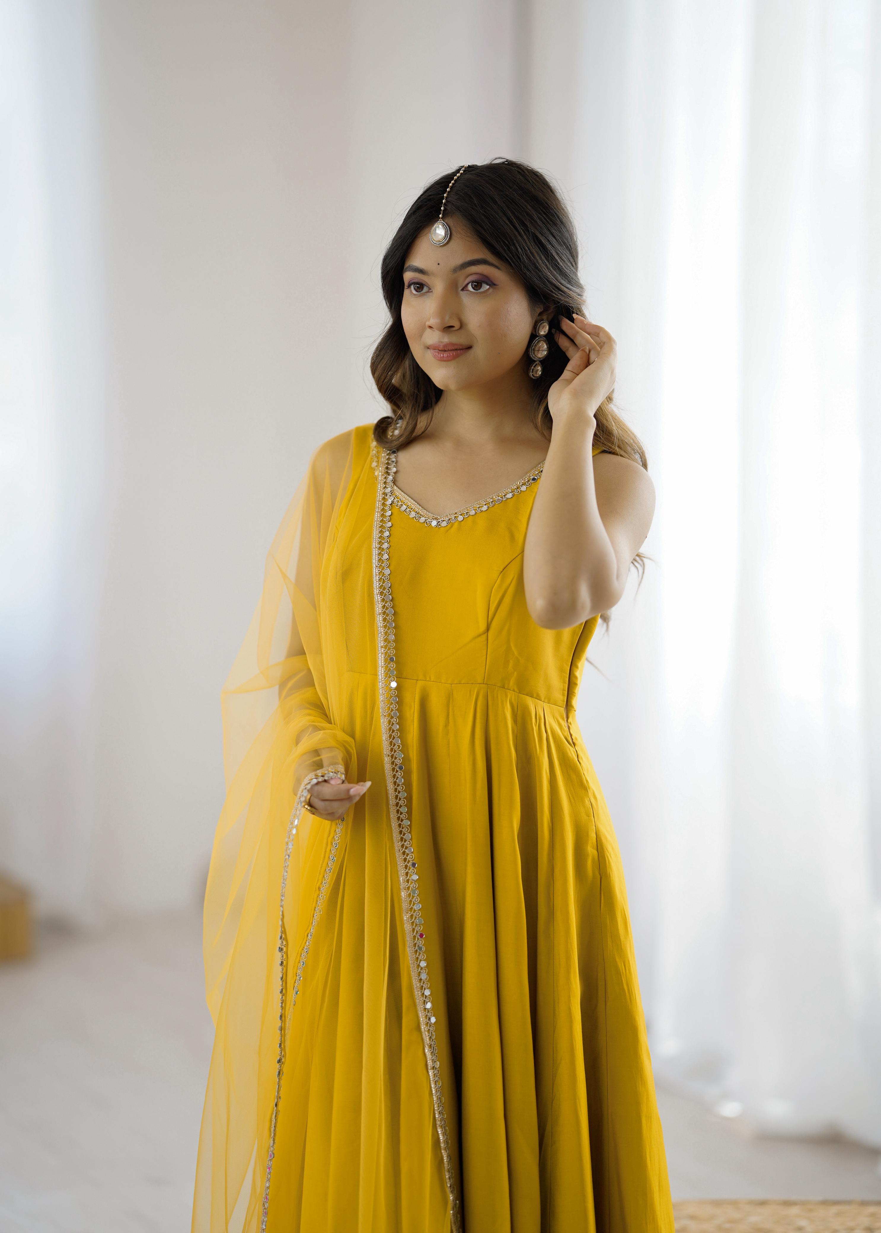 Yellow Pure Roman Silk Chanderi Anarkali Suit Set With Huge Flair, Dupatta & Pant