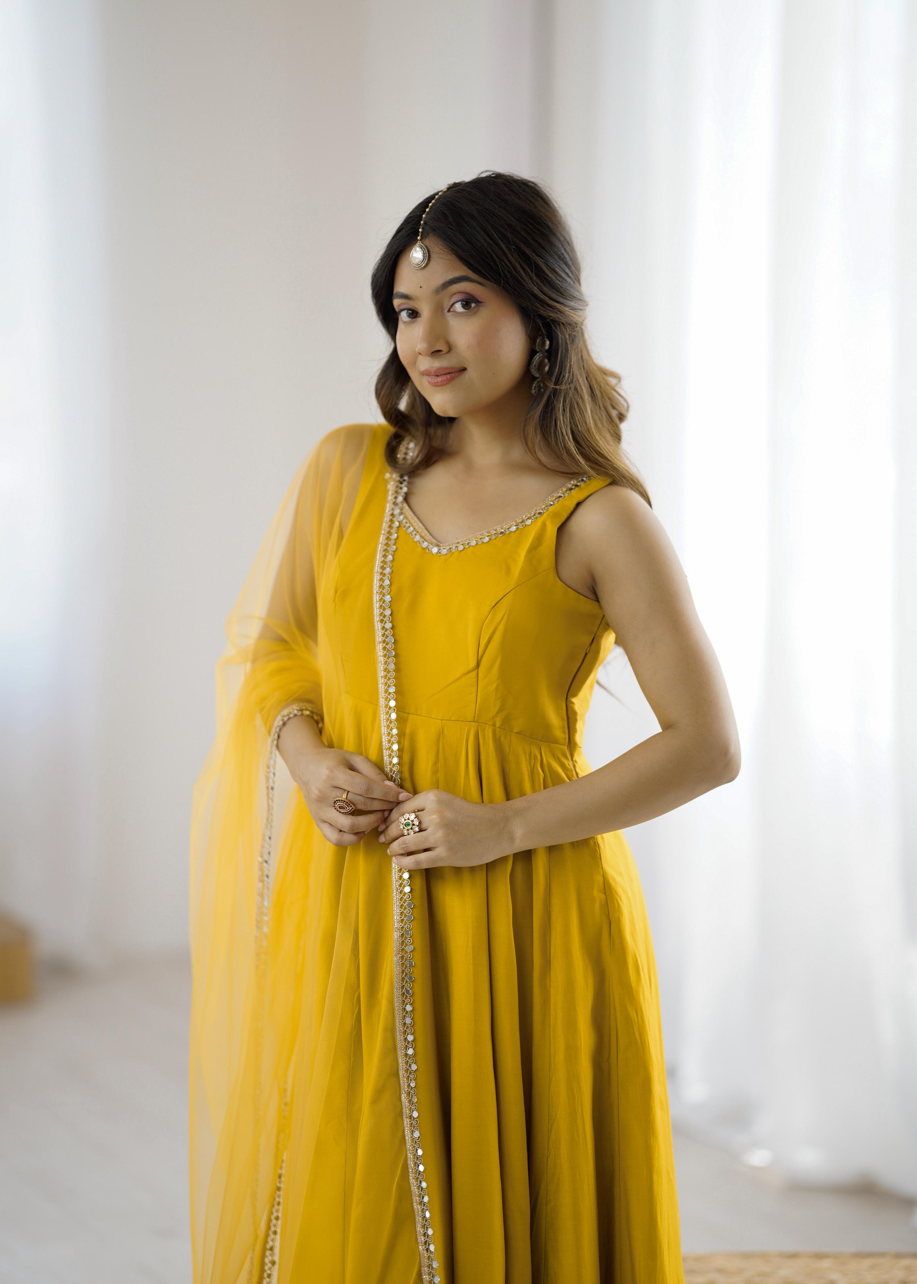 Yellow Pure Roman Silk Chanderi Anarkali Suit Set With Huge Flair, Dupatta & Pant