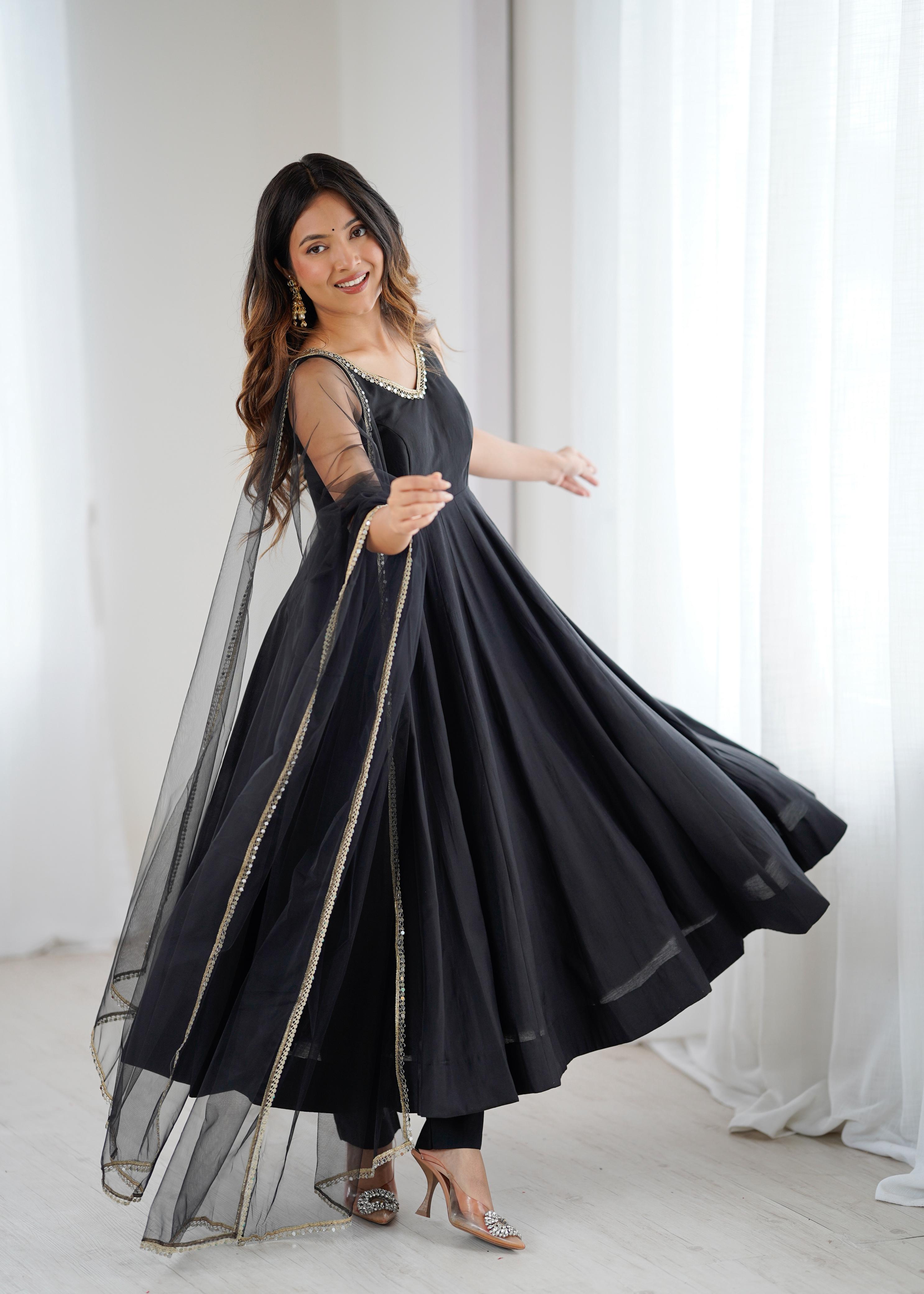 Black Pure Roman Silk Chanderi Anarkali Suit Set With Huge Flair, Dupatta & Pant