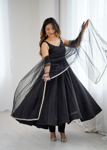 Black Pure Roman Silk Chanderi Anarkali Suit Set With Huge Flair, Dupatta & Pant