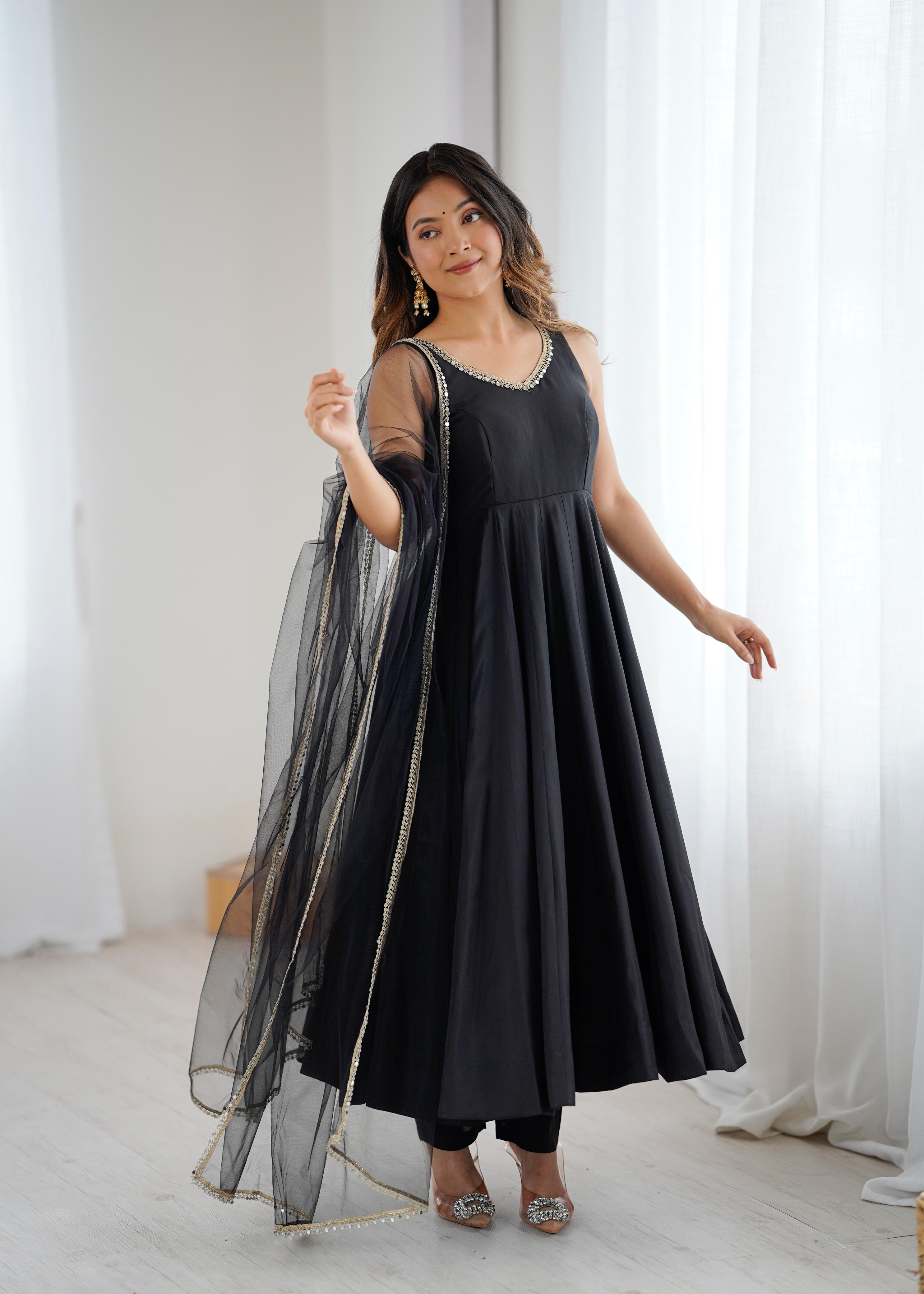Black Pure Roman Silk Chanderi Anarkali Suit Set With Huge Flair, Dupatta & Pant