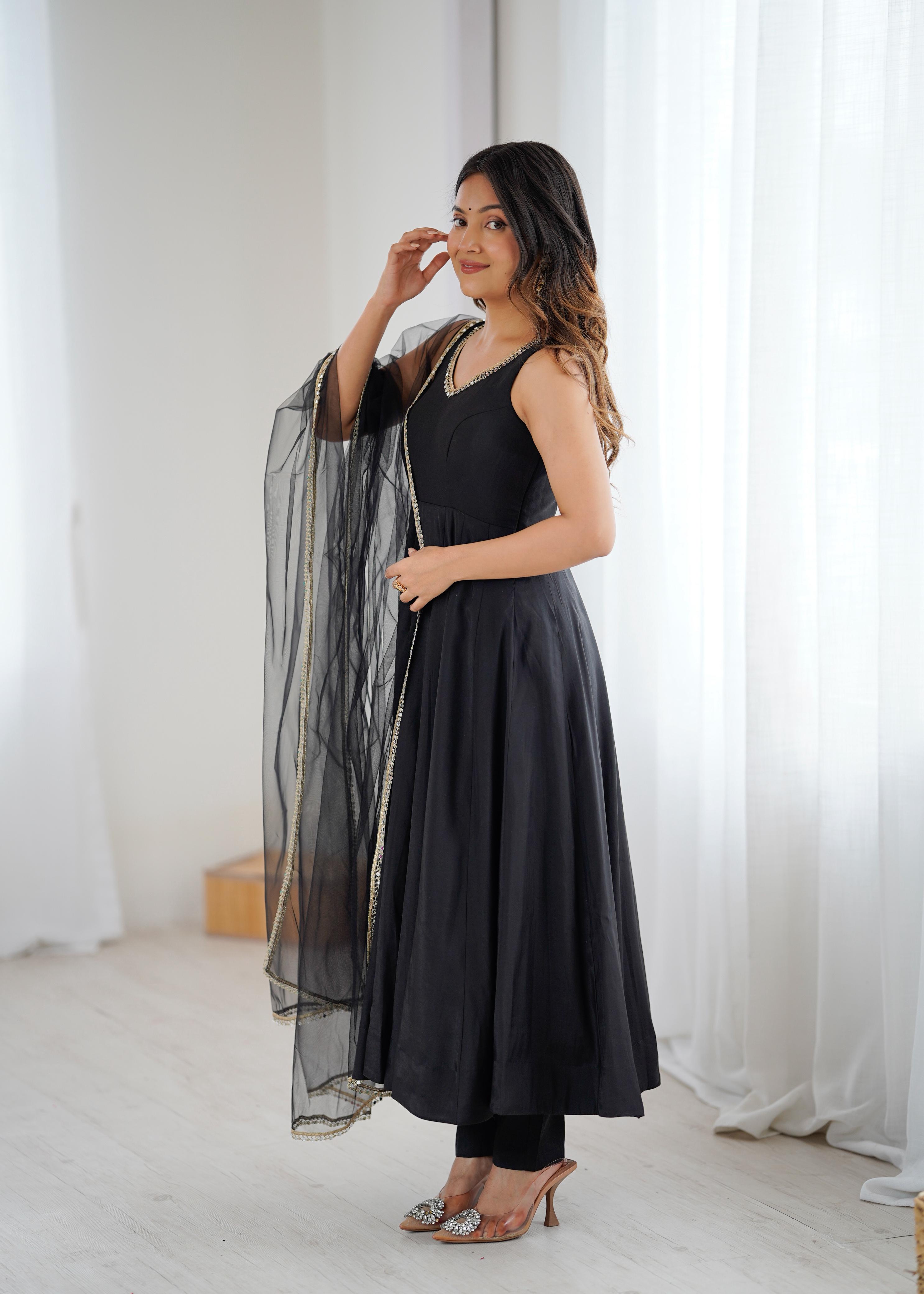 Black Pure Roman Silk Chanderi Anarkali Suit Set With Huge Flair, Dupatta & Pant