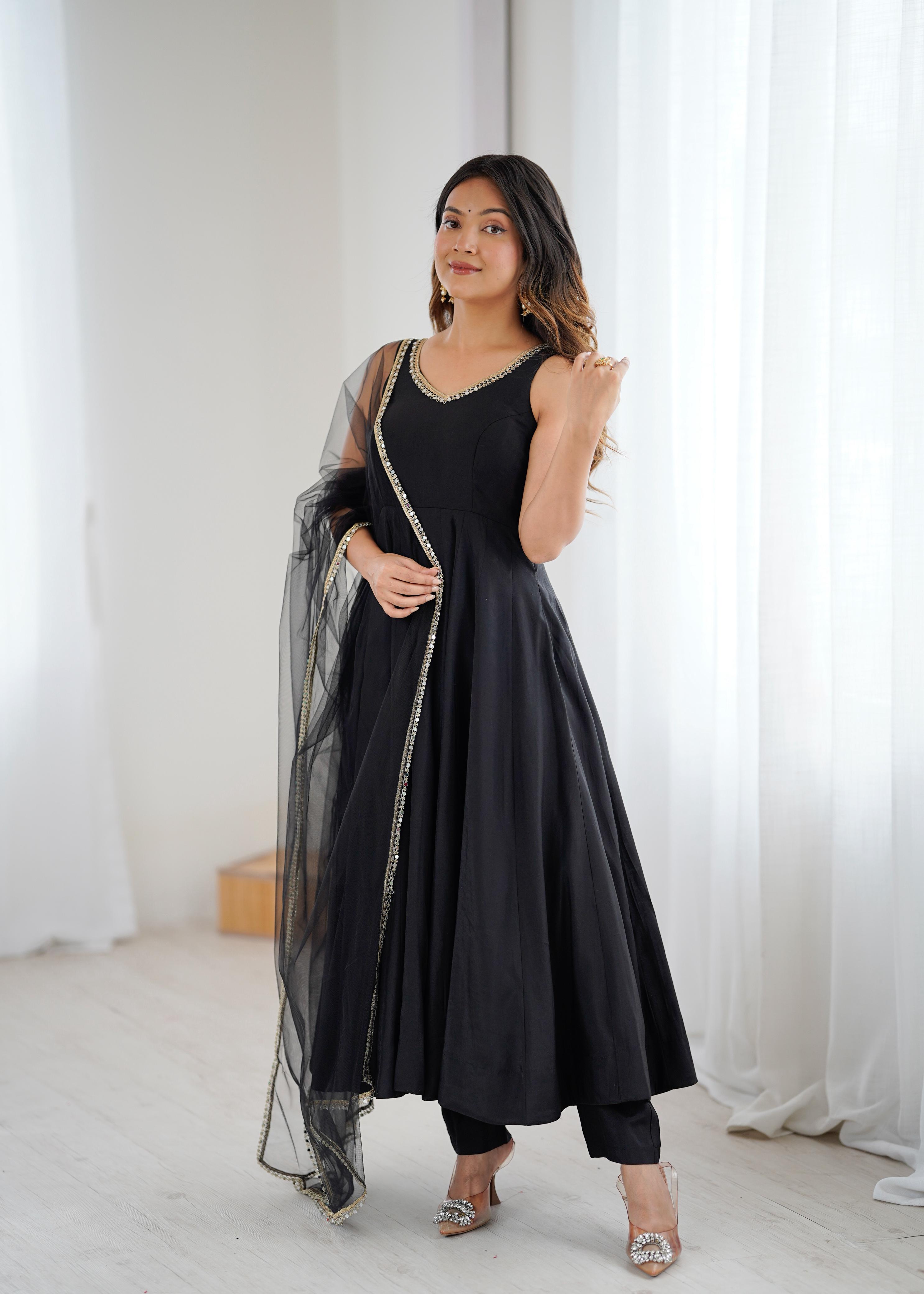Black Pure Roman Silk Chanderi Anarkali Suit Set With Huge Flair, Dupatta & Pant