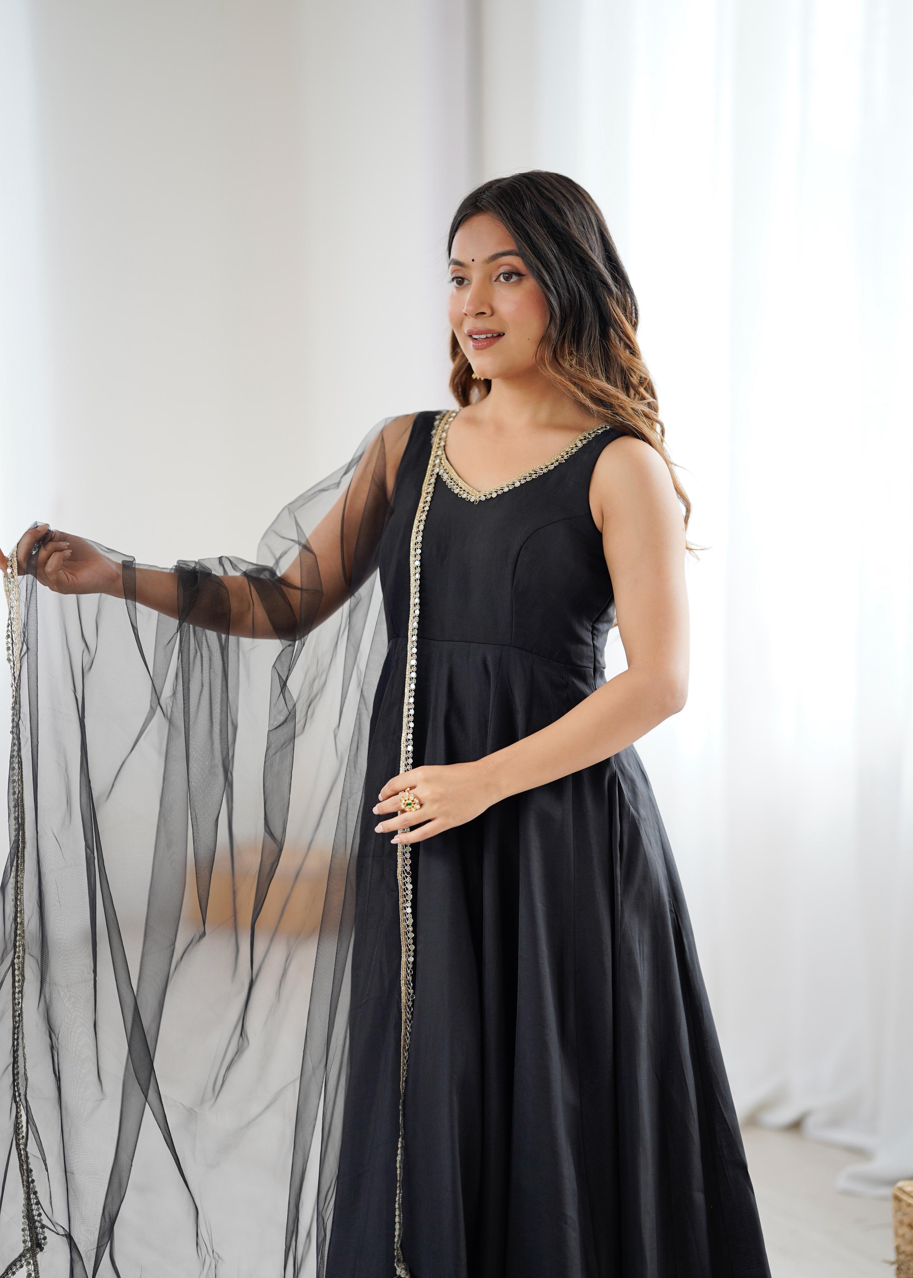 Black Pure Roman Silk Chanderi Anarkali Suit Set With Huge Flair, Dupatta & Pant