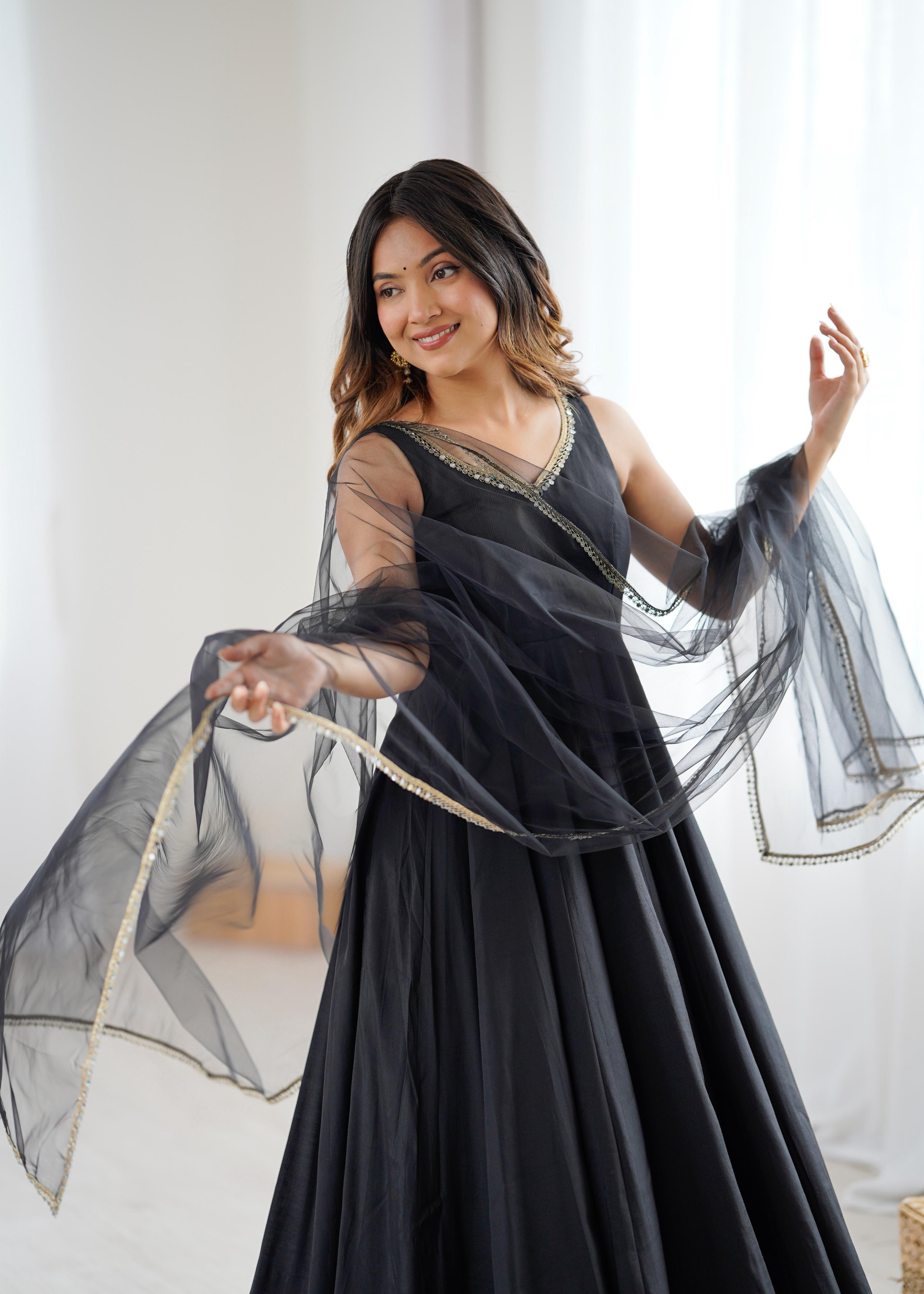 Black Pure Roman Silk Chanderi Anarkali Suit Set With Huge Flair, Dupatta & Pant