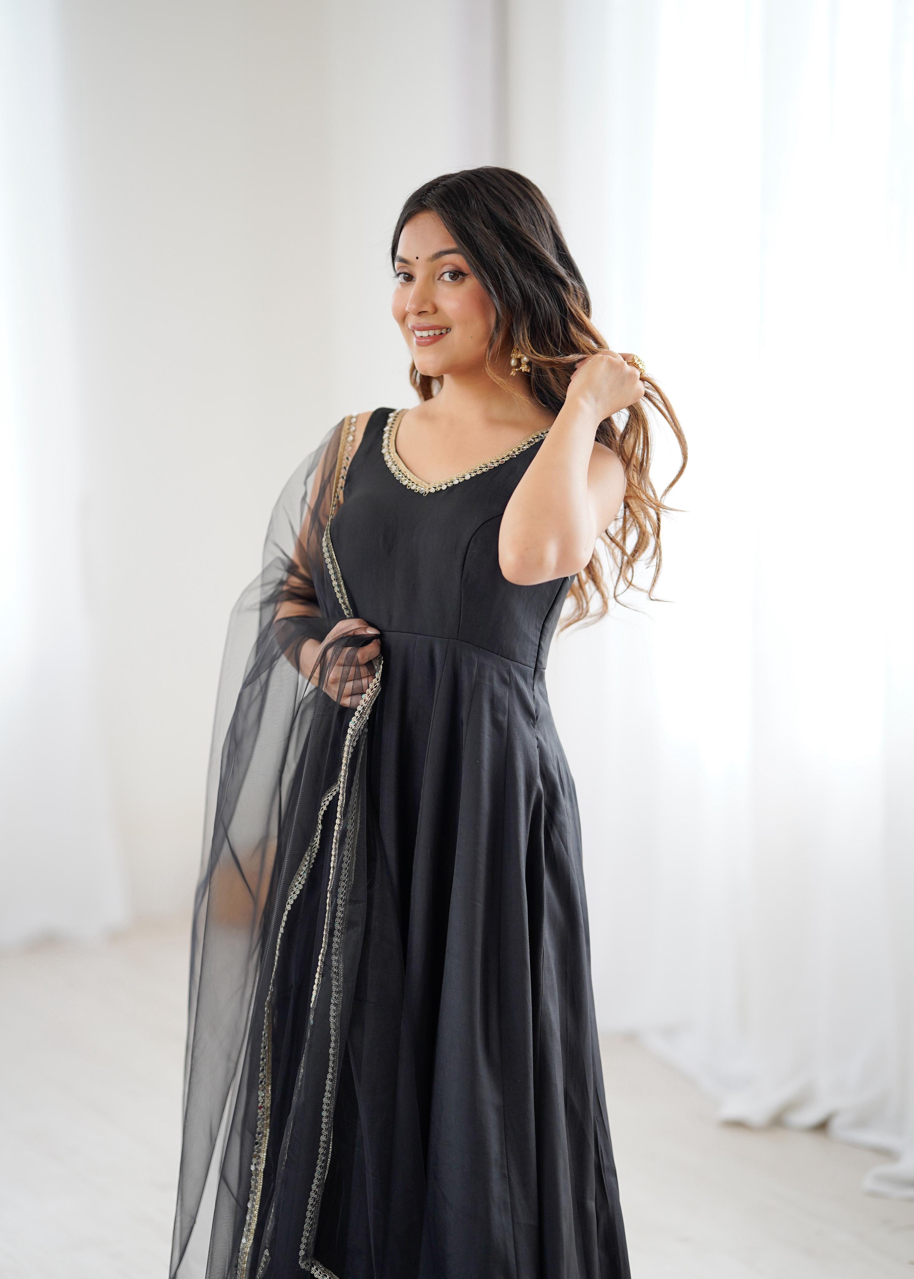Black Pure Roman Silk Chanderi Anarkali Suit Set With Huge Flair, Dupatta & Pant