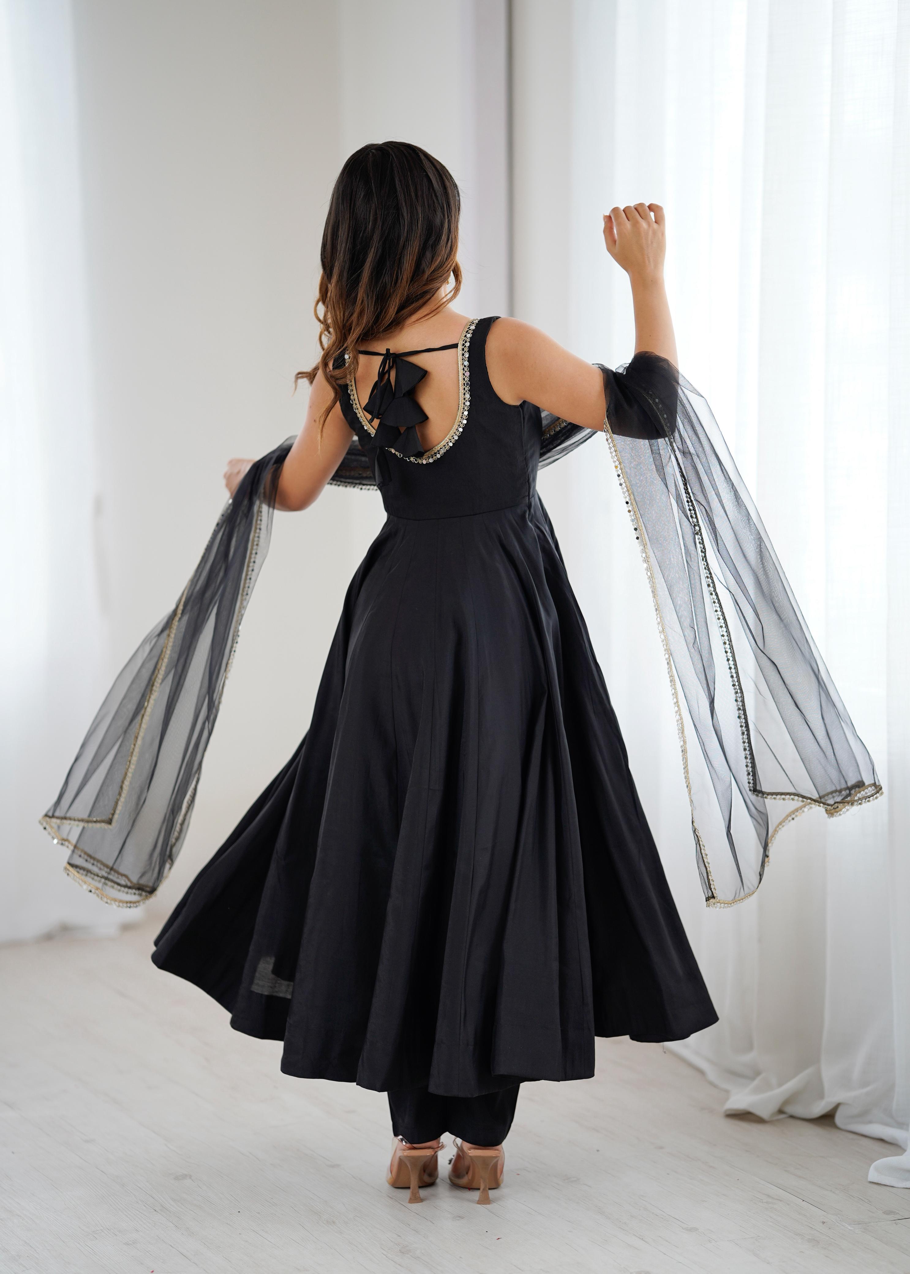Black Pure Roman Silk Chanderi Anarkali Suit Set With Huge Flair, Dupatta & Pant