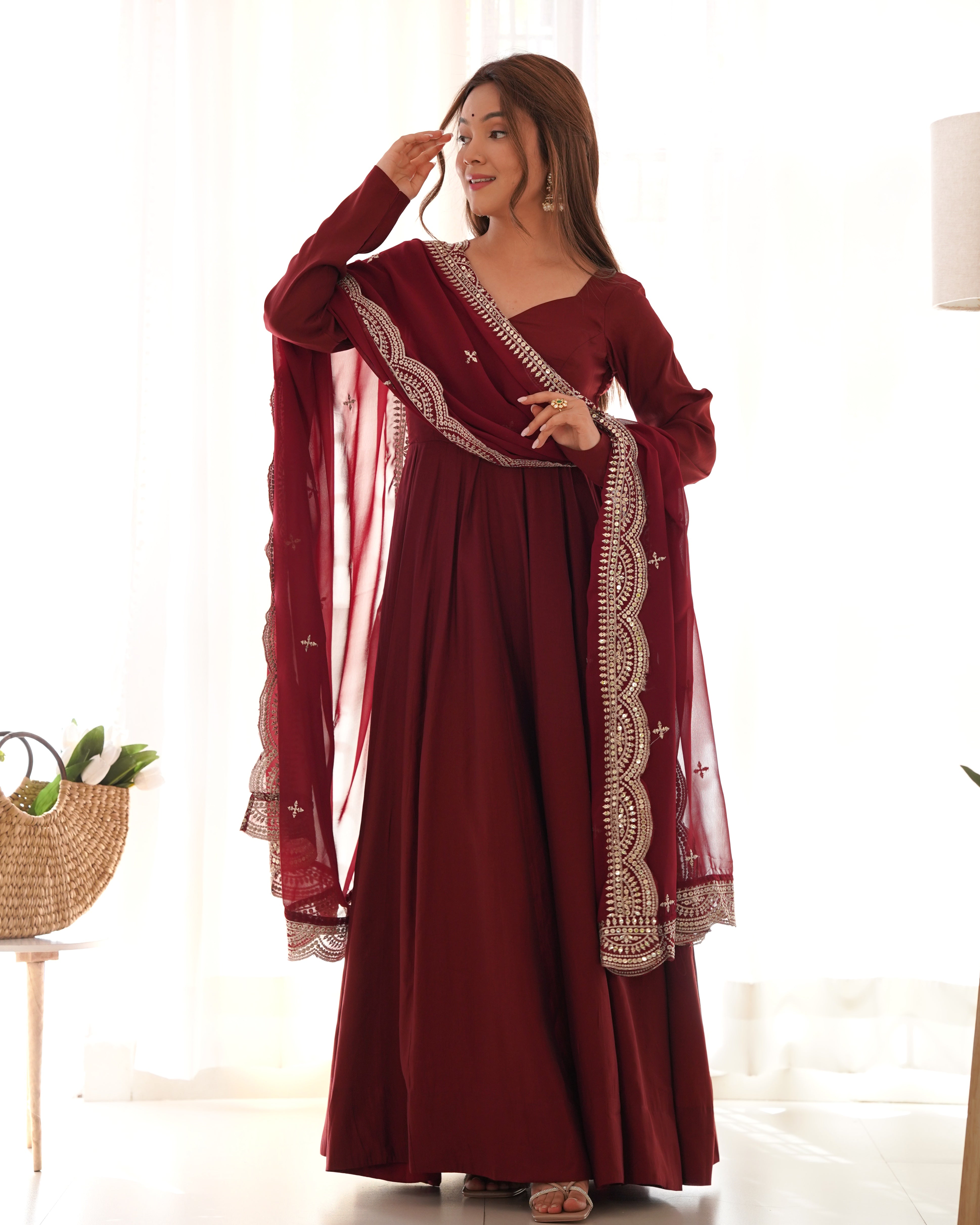 Maroon Pure Roman Silk Chanderi Anarkali Suit Set With Huge Flair, Dupatta & Pant