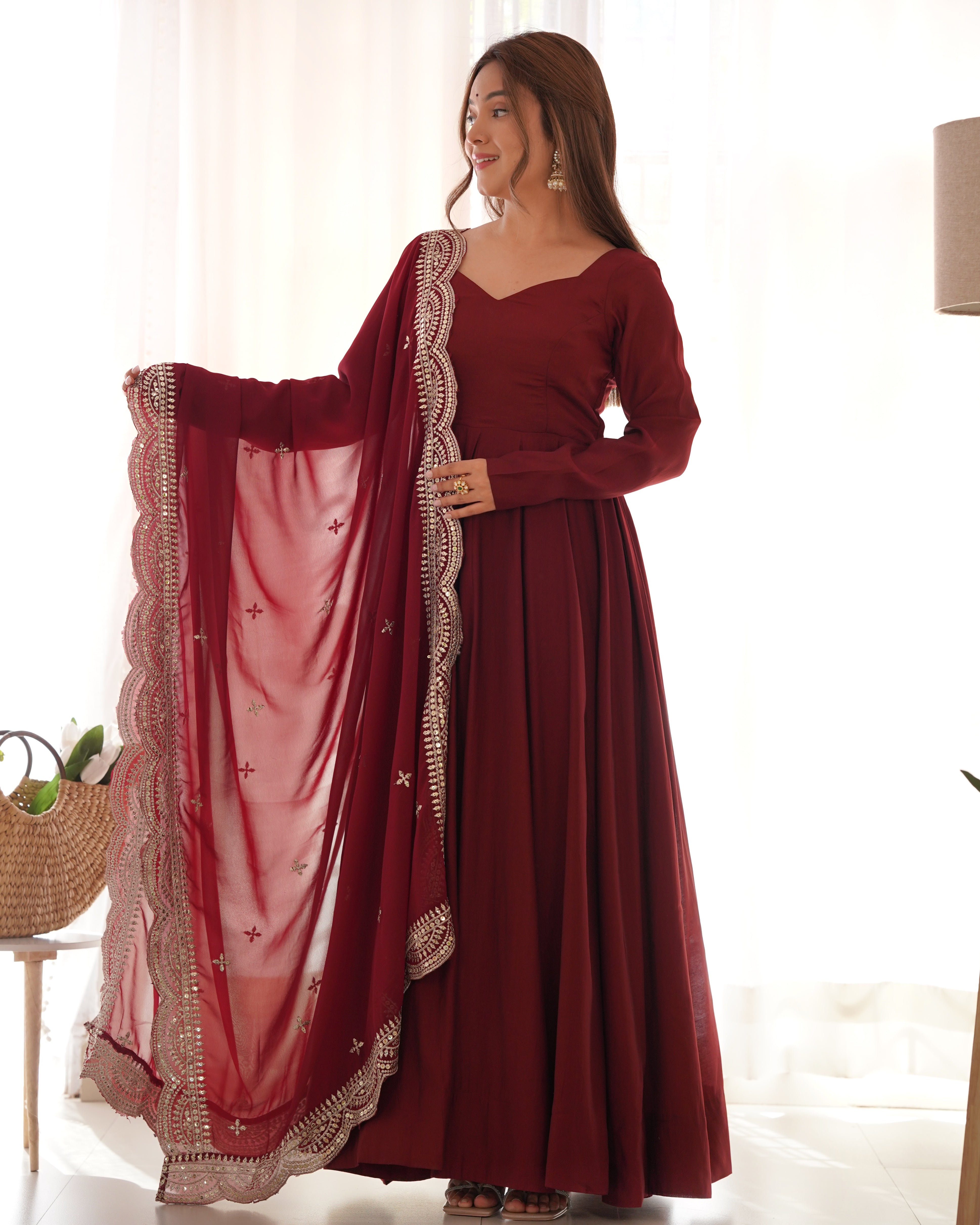 Maroon Pure Roman Silk Chanderi Anarkali Suit Set With Huge Flair, Dupatta & Pant