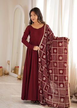 Maroon Pure Roman Silk Chanderi Anarkali Suit Set With Embroidery Work