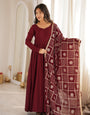 Maroon Pure Roman Silk Chanderi Anarkali Suit Set With Embroidery Work