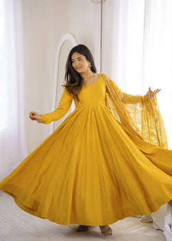 Yellow Pure Roman Silk Chanderi Anarkali Suit Set With Embroidery Work