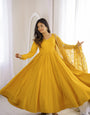 Yellow Pure Roman Silk Chanderi Anarkali Suit Set With Embroidery Work