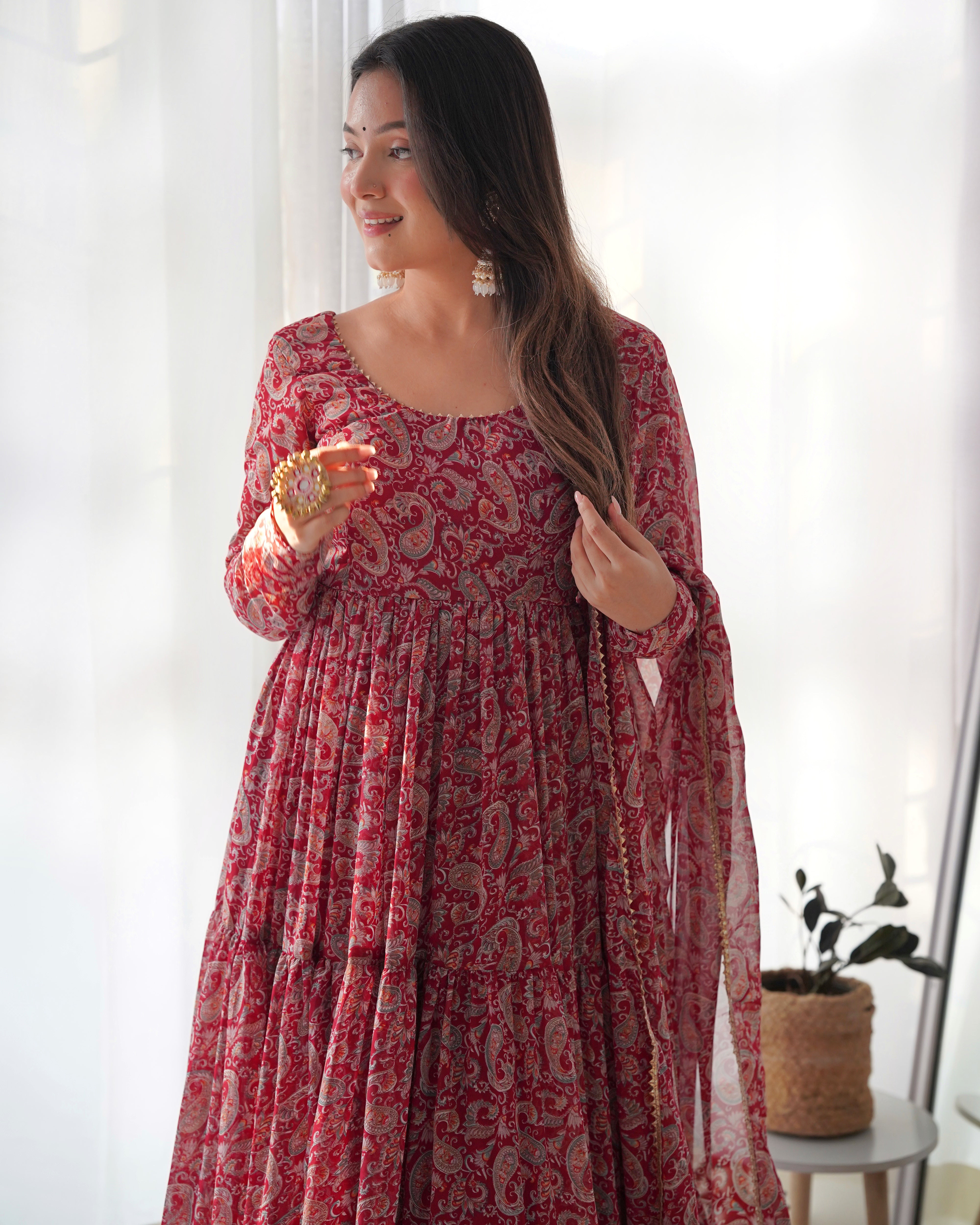 Maroon Pure Soft Fox Georgette Anarkali Suit Set With Huge Flair, Dupatta & Pant
