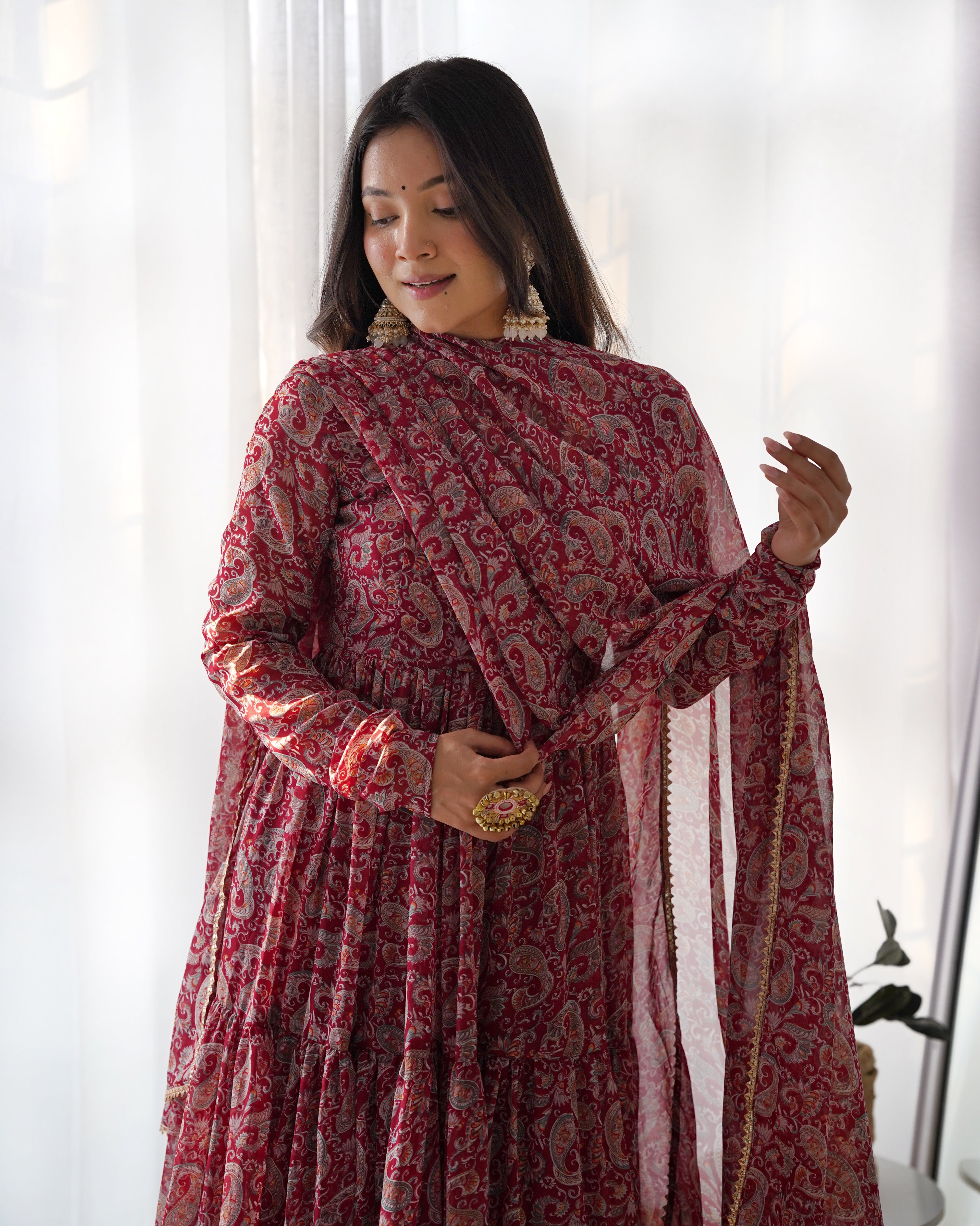 Maroon Pure Soft Fox Georgette Anarkali Suit Set With Huge Flair, Dupatta & Pant